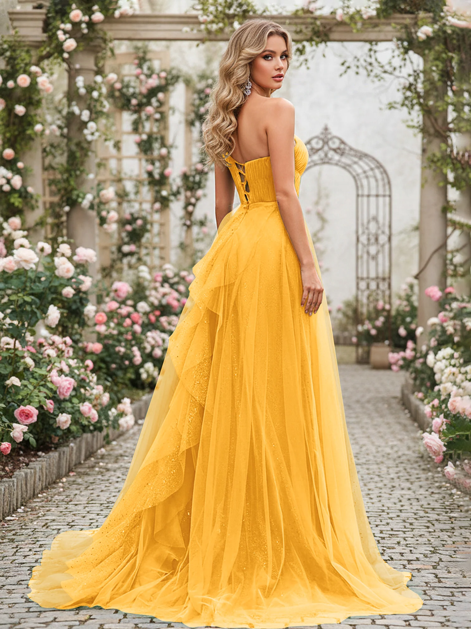 Sparkling Tulle A-Line Gown with Cascading Ruffles Tangerine - Image 2