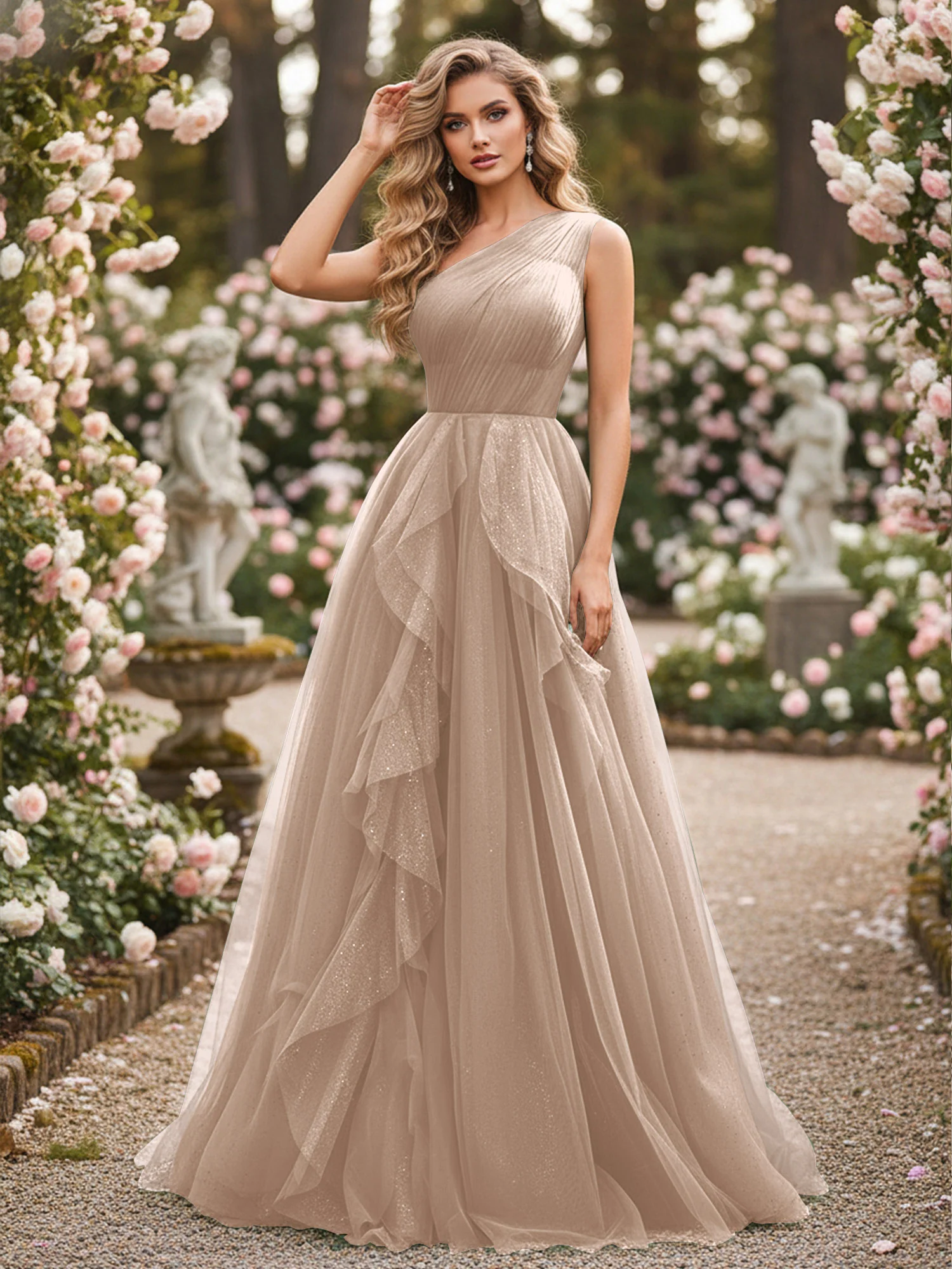 Sparkling Tulle A-Line Gown with Cascading Ruffles Taupe