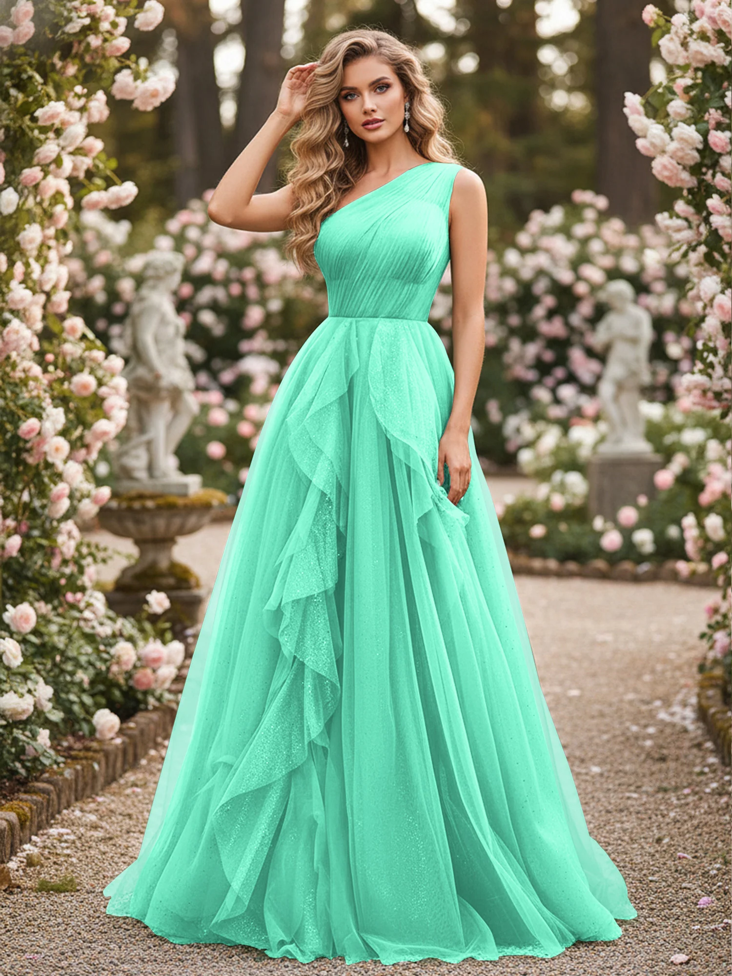 Sparkling Tulle A-Line Gown with Cascading Ruffles Turquoise