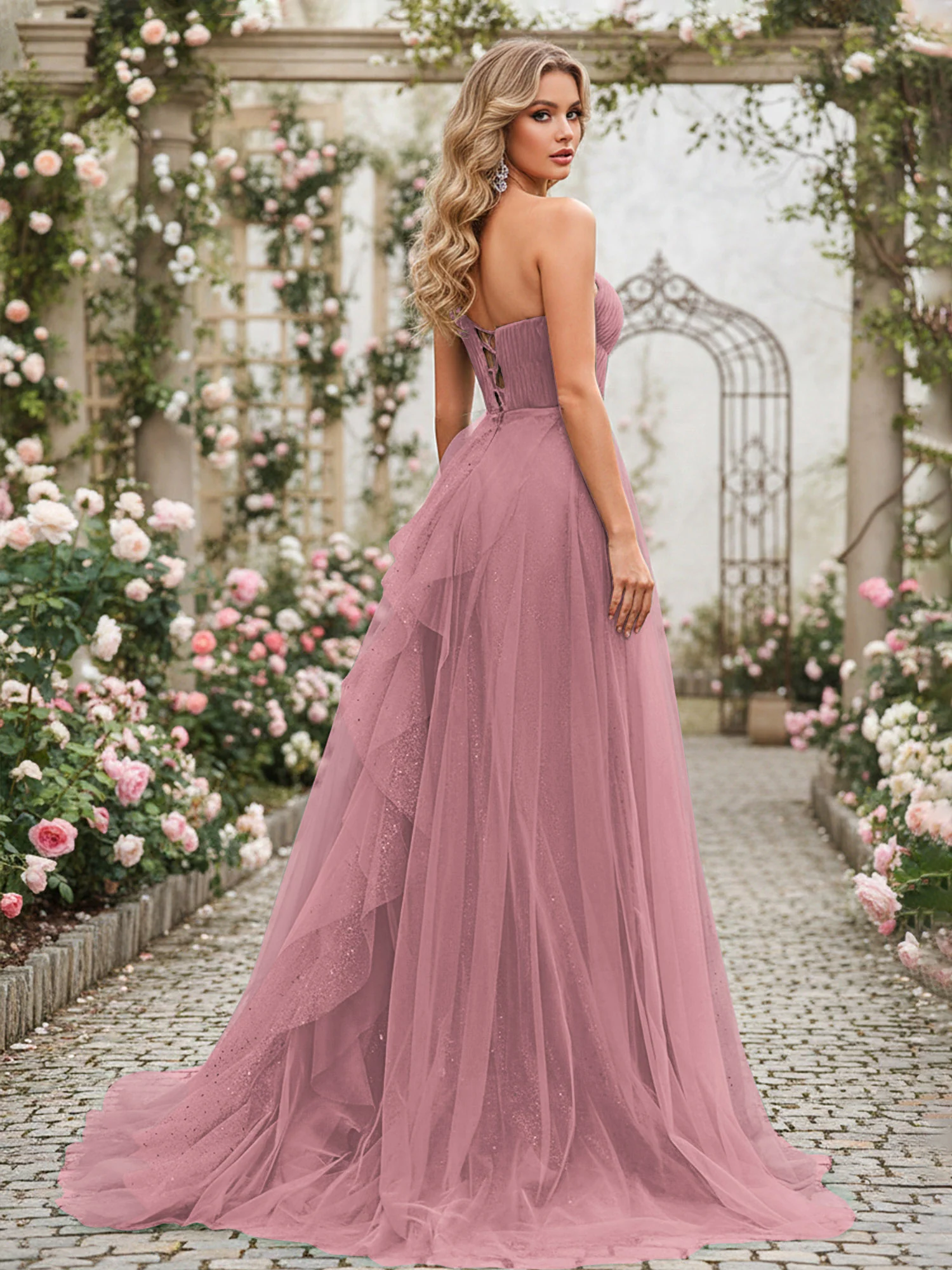 Sparkling Tulle A-Line Gown with Cascading Ruffles Vintage Mauve - Image 2