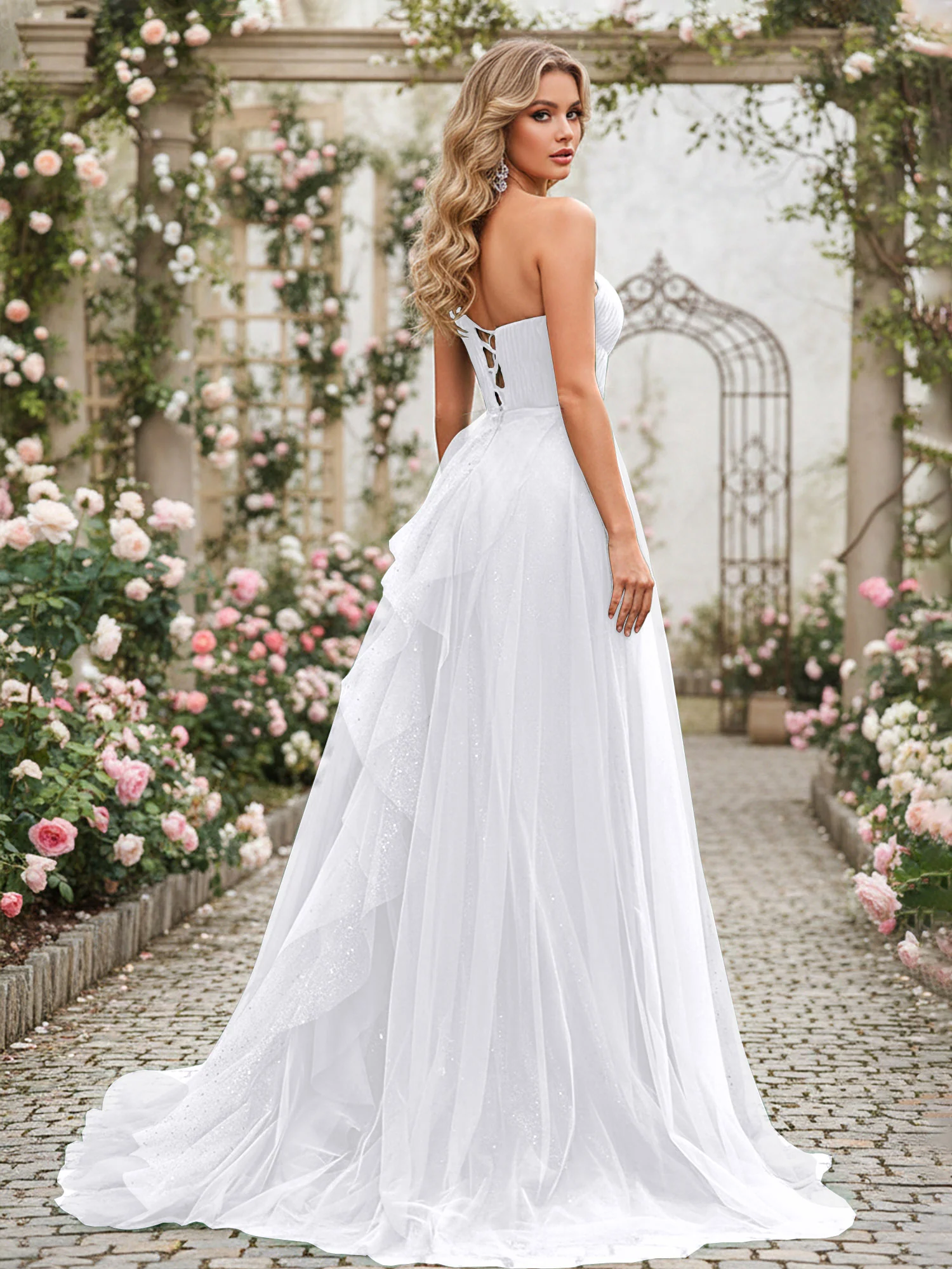 Sparkling Tulle A-Line Gown with Cascading Ruffles White - Image 2