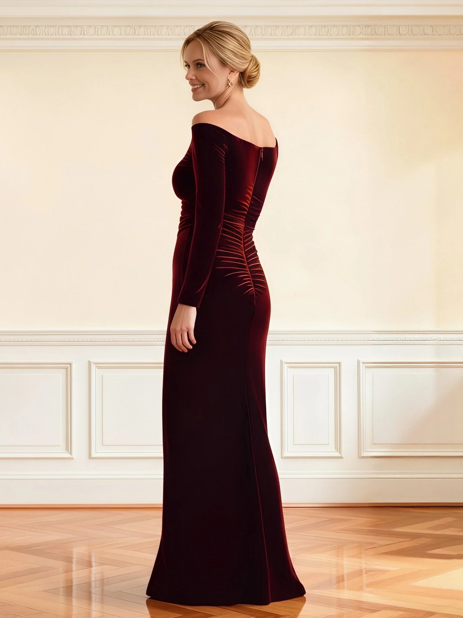 Off-Shoulder V-Cut Long Sleeve Velvet Gown Dark Navy - Image 2