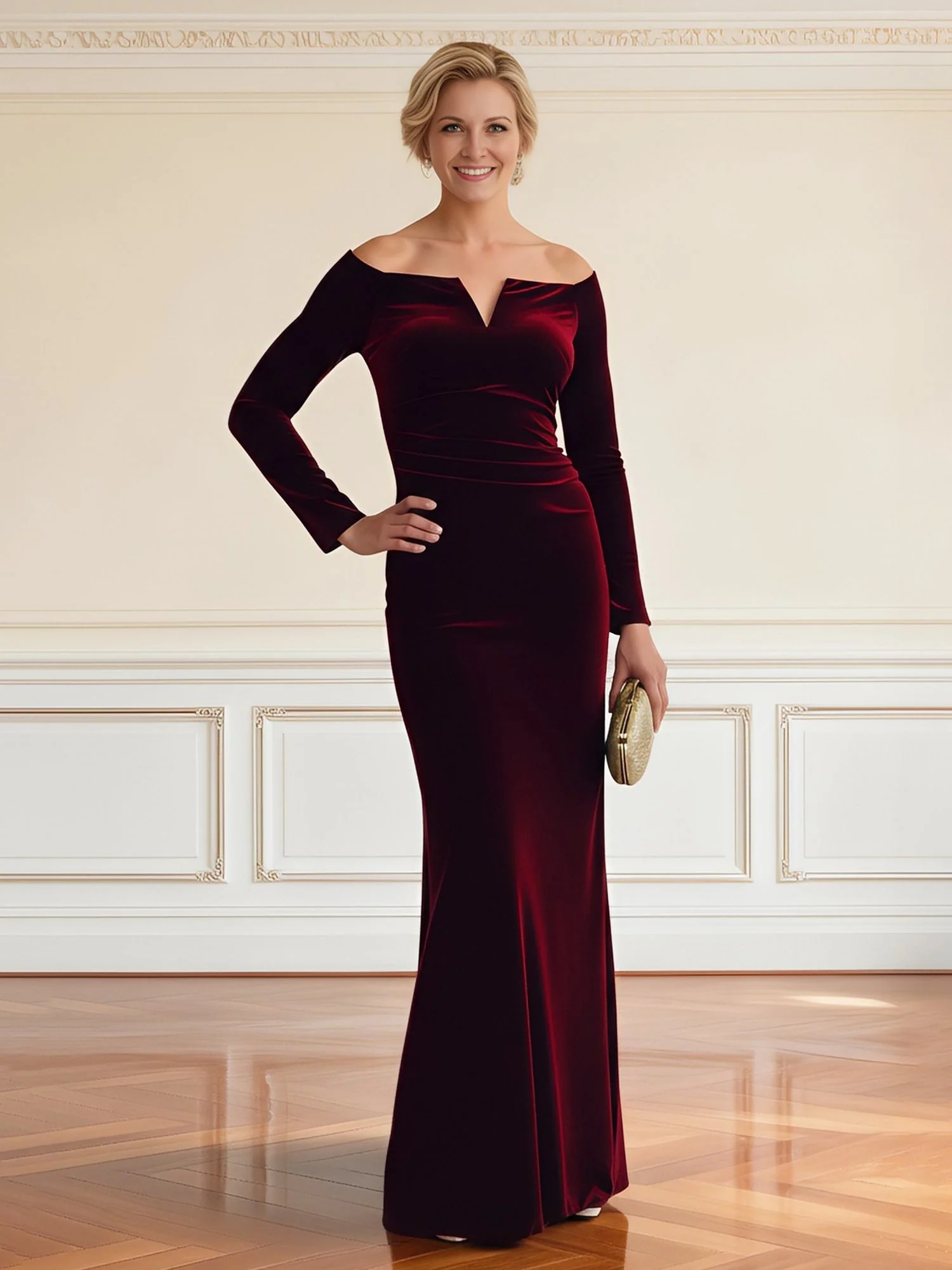 Off-Shoulder V-Cut Long Sleeve Velvet Gown Slate Blue