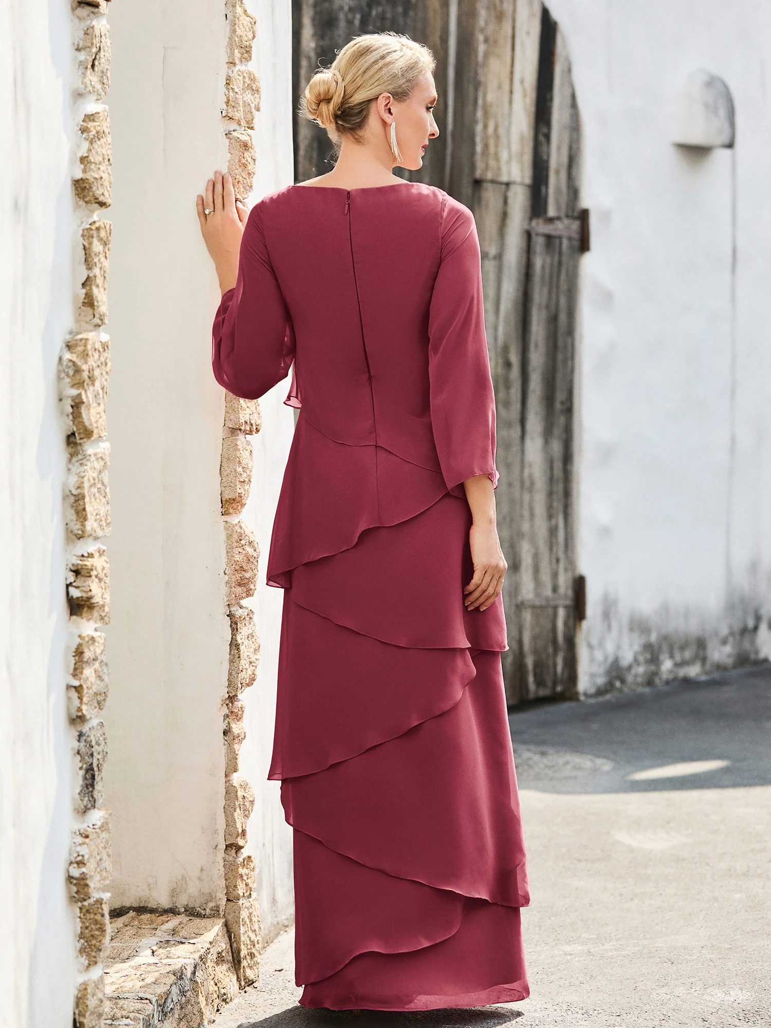 Long Sleeve Chiffon Dress with Cascading Ruffles Cinnamon Rose - Image 2