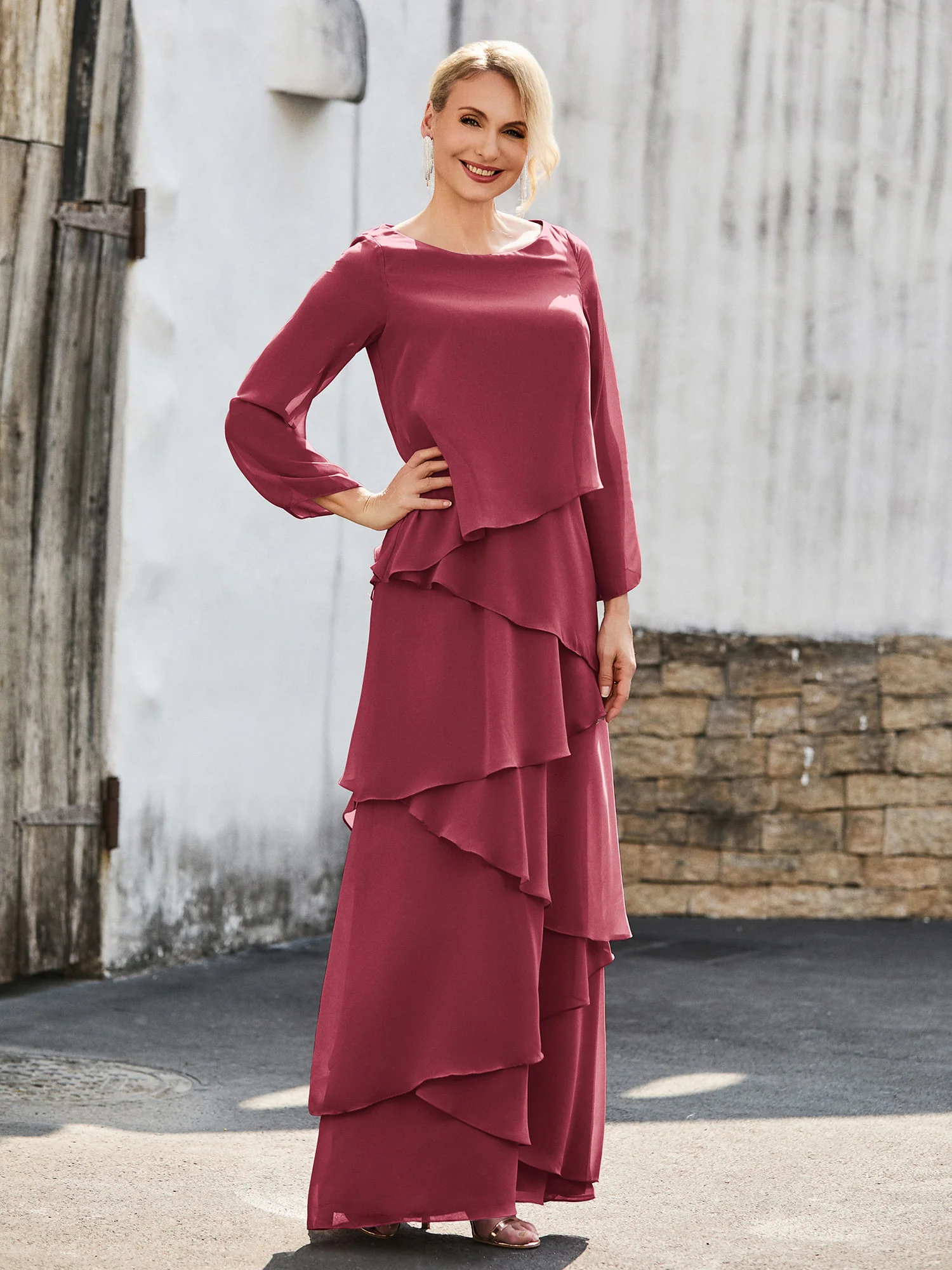 Long Sleeve Chiffon Dress with Cascading Ruffles Cinnamon Rose - Image 3
