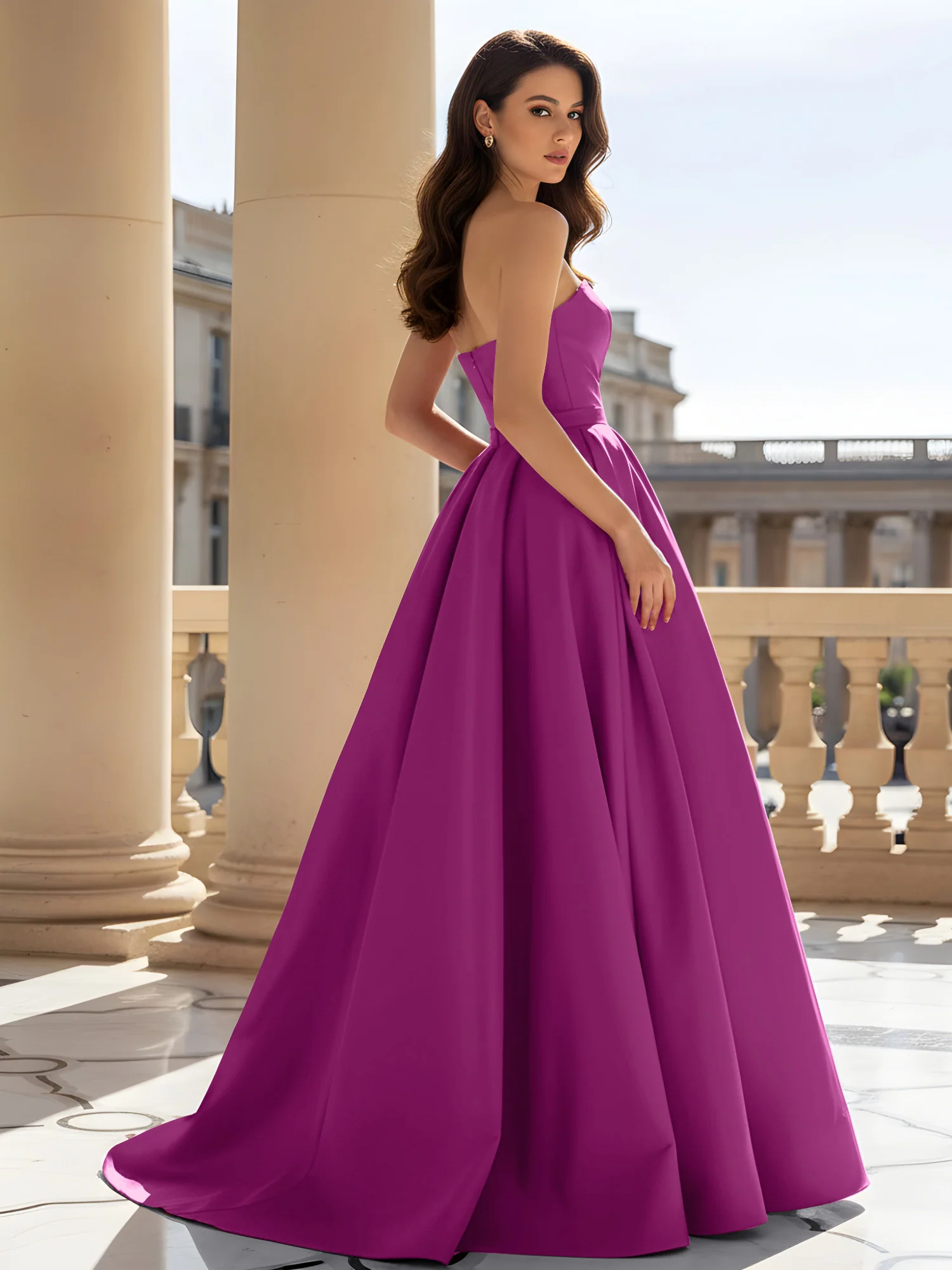 Strapless Structured Satin Ball Gown with Belt Detail Orchid - Image 2