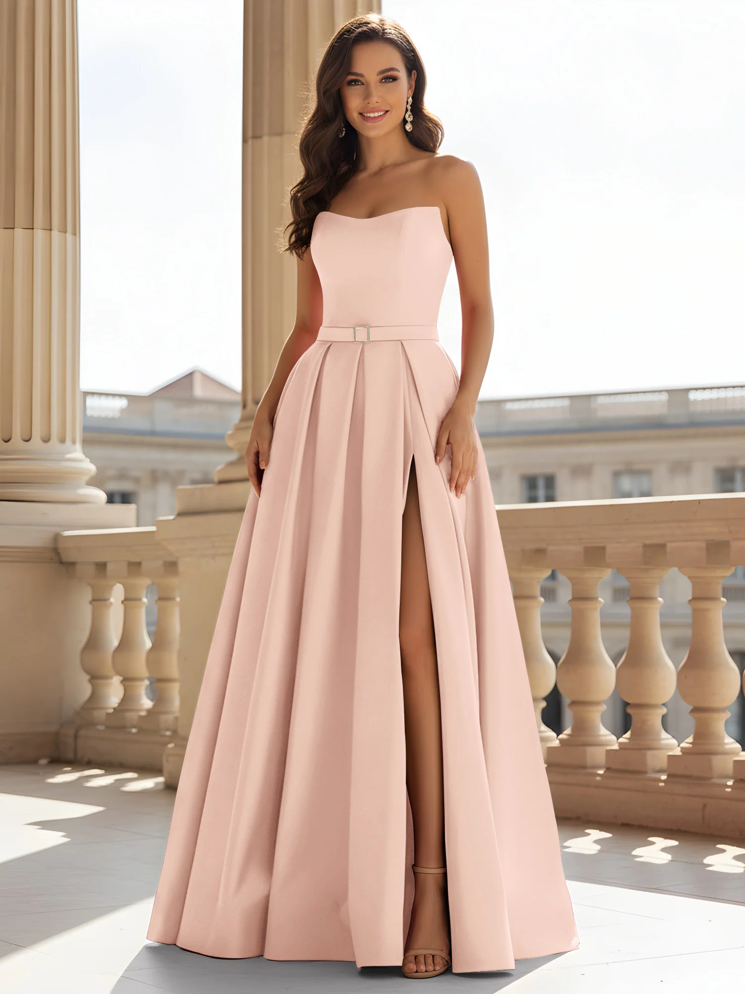 Strapless Structured Satin Ball Gown with Belt Detail Pearl Pink