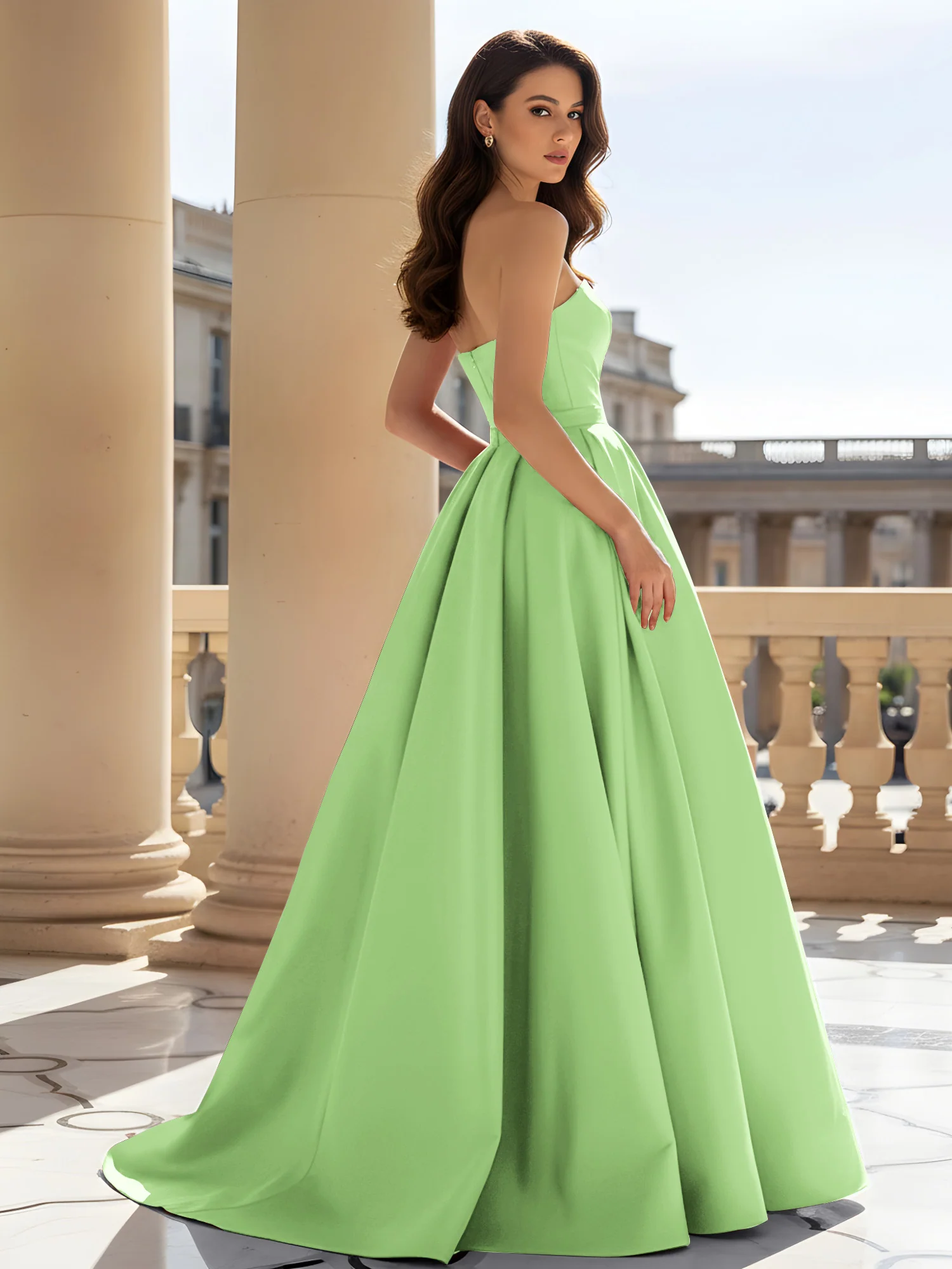 Strapless Structured Satin Ball Gown with Belt Detail Sage - Image 2