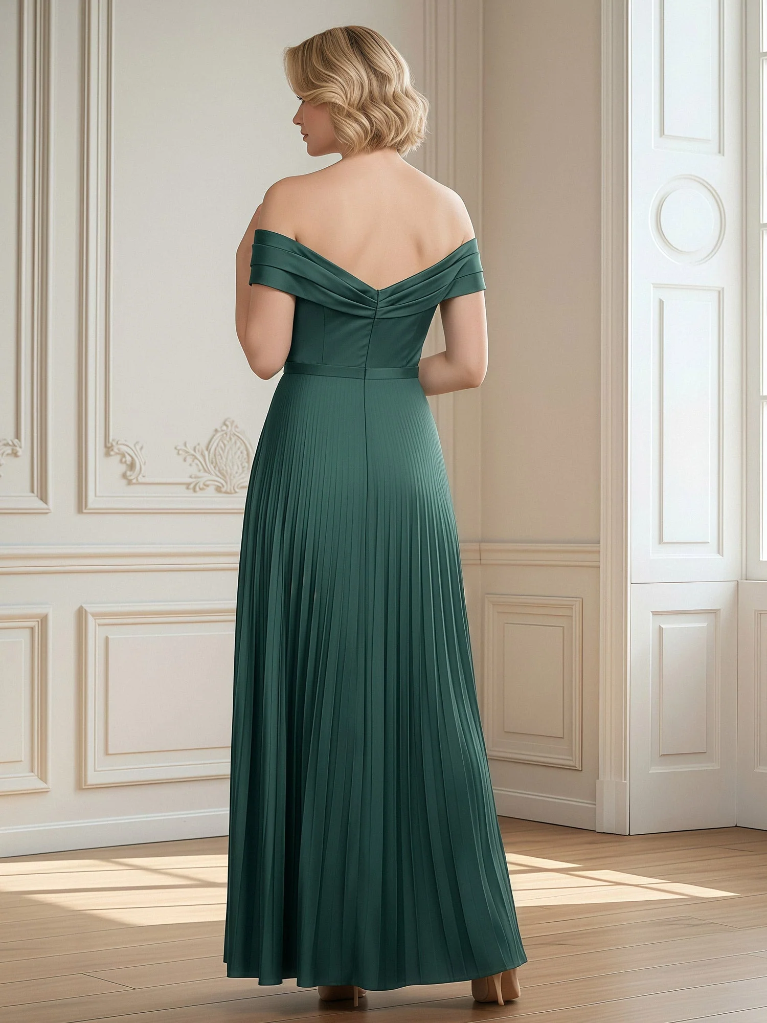 Off-Shoulder Pleated Skirt A-Line Formal Gown Dark Navy - Image 2
