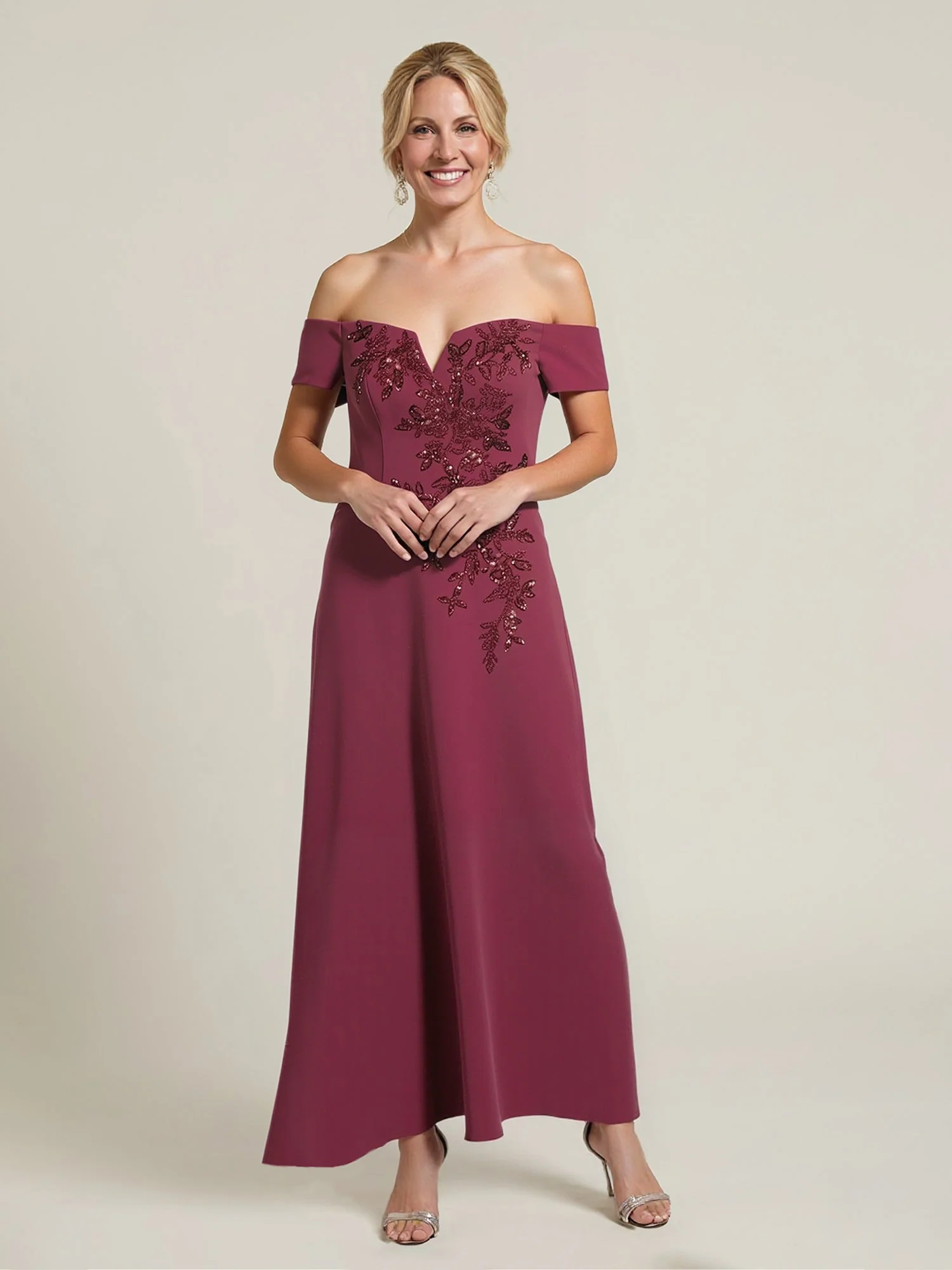 Off-Shoulder Beaded Embroidery A-Line Gown Dusty Blue