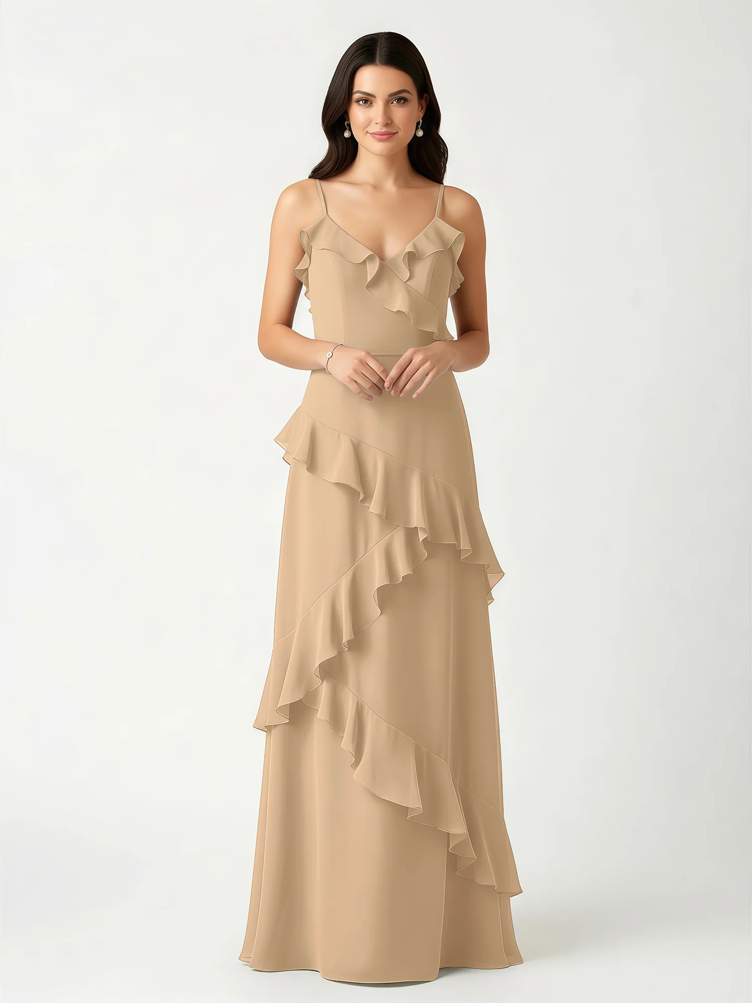 A-Line Chiffon Ruffle Floor Length V-Neck Dresses Champagne