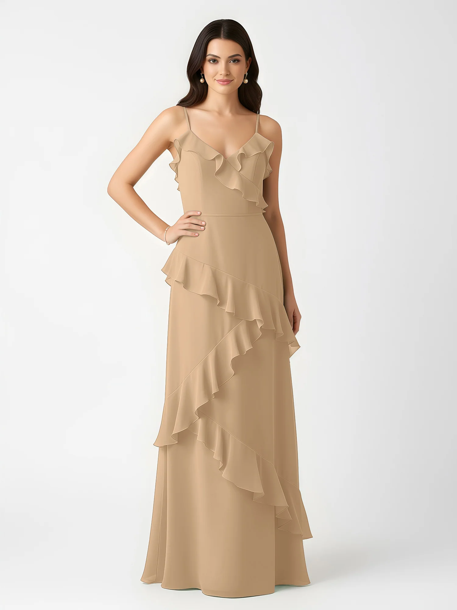 A-Line Chiffon Ruffle Floor Length V-Neck Dresses Champagne - Image 3