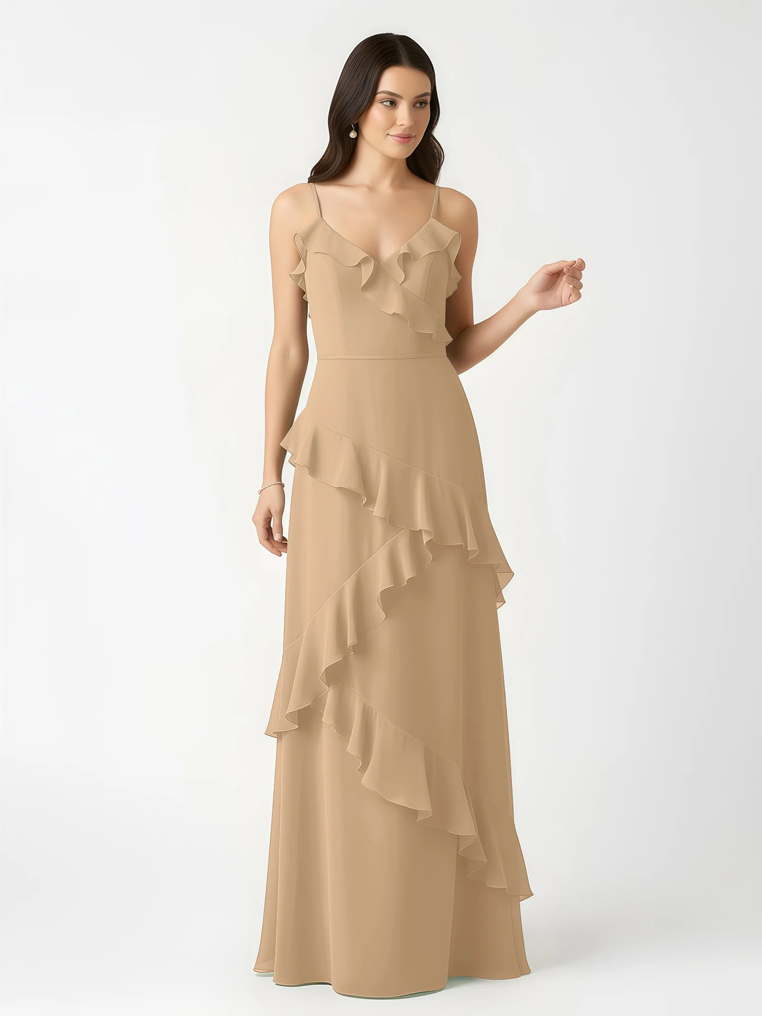 A-Line Chiffon Ruffle Floor Length V-Neck Dresses Champagne - Image 4