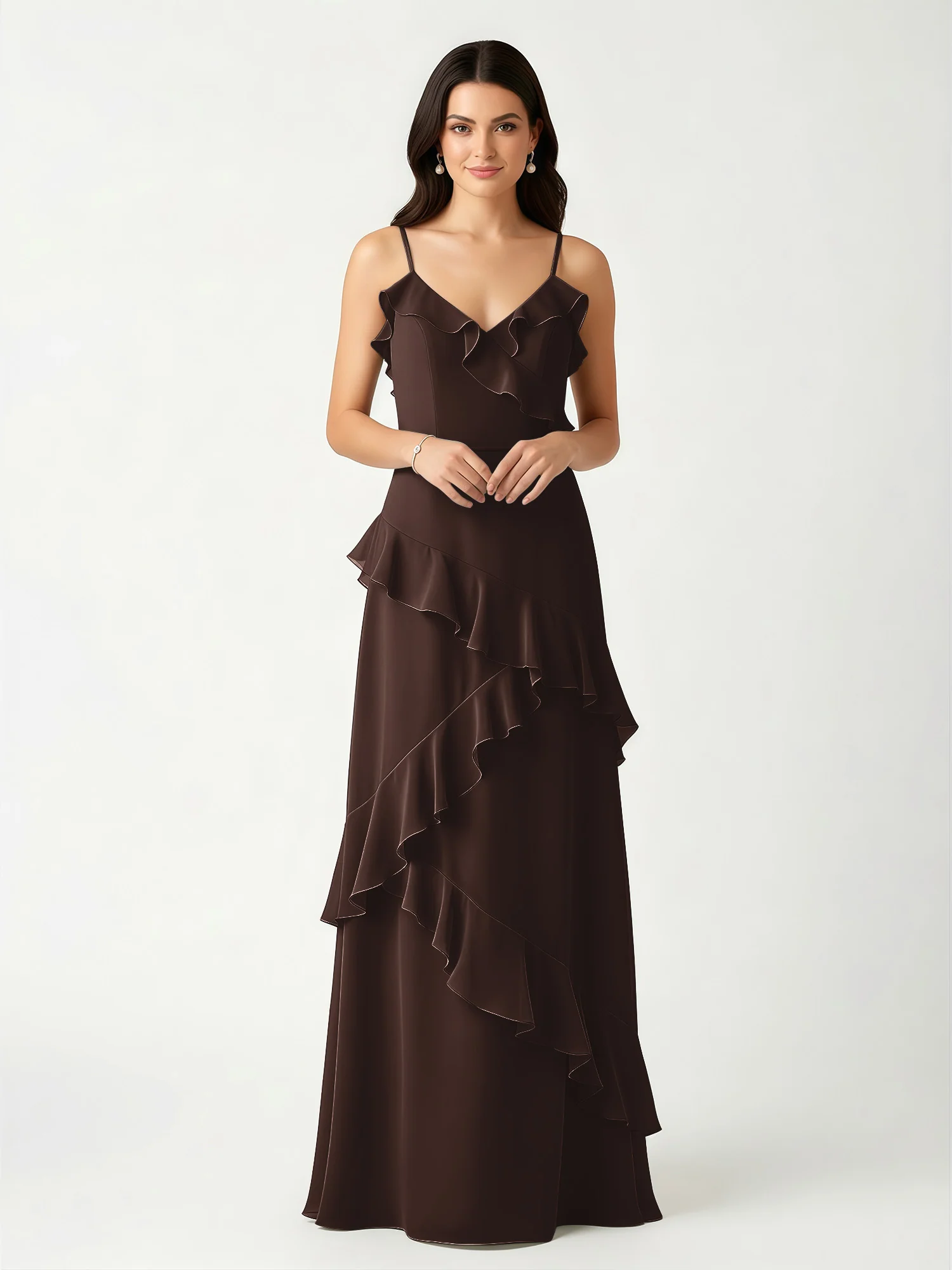 A-Line Chiffon Ruffle Floor Length V-Neck Dresses Chocolate