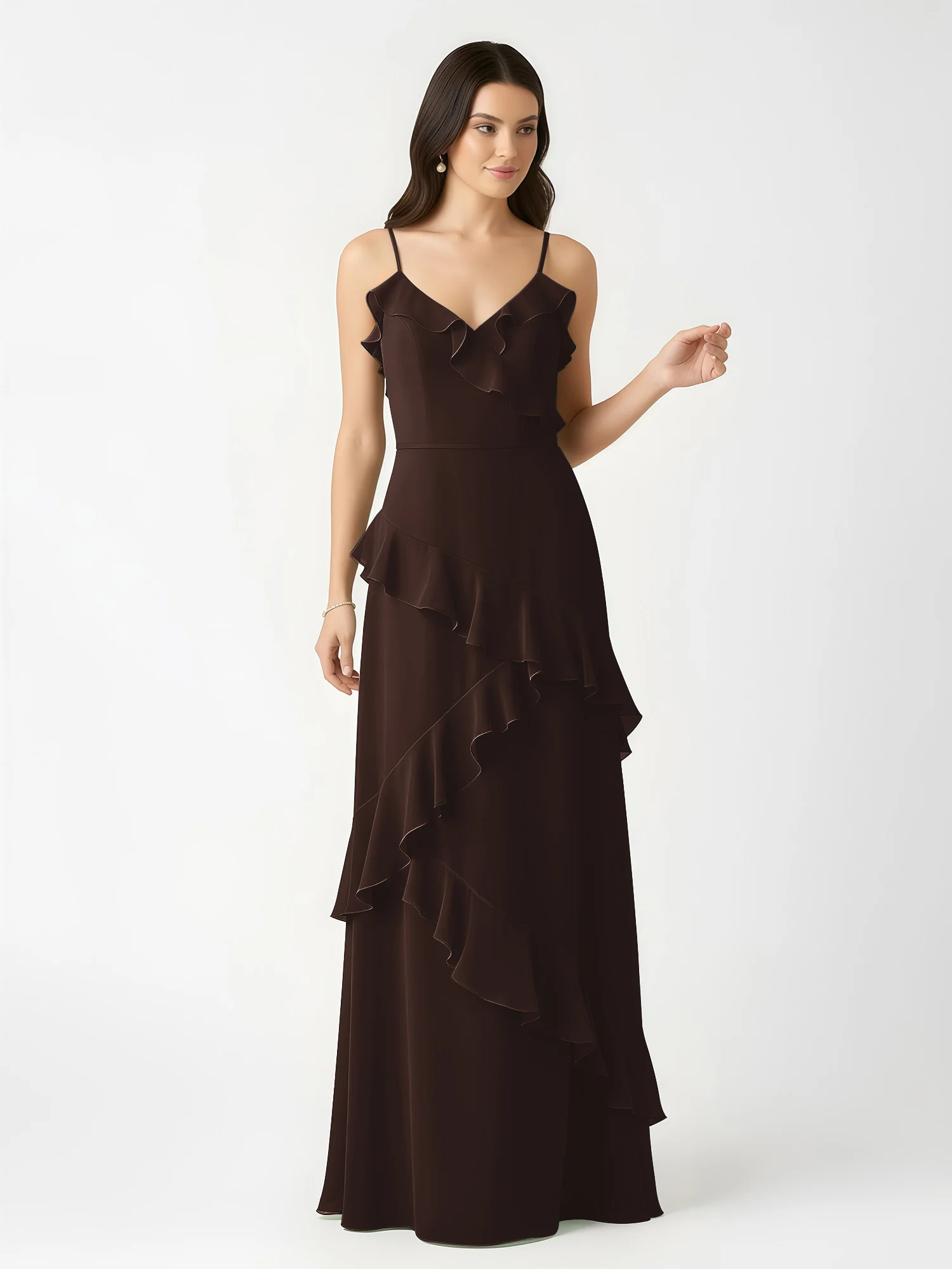 A-Line Chiffon Ruffle Floor Length V-Neck Dresses Chocolate - Image 4