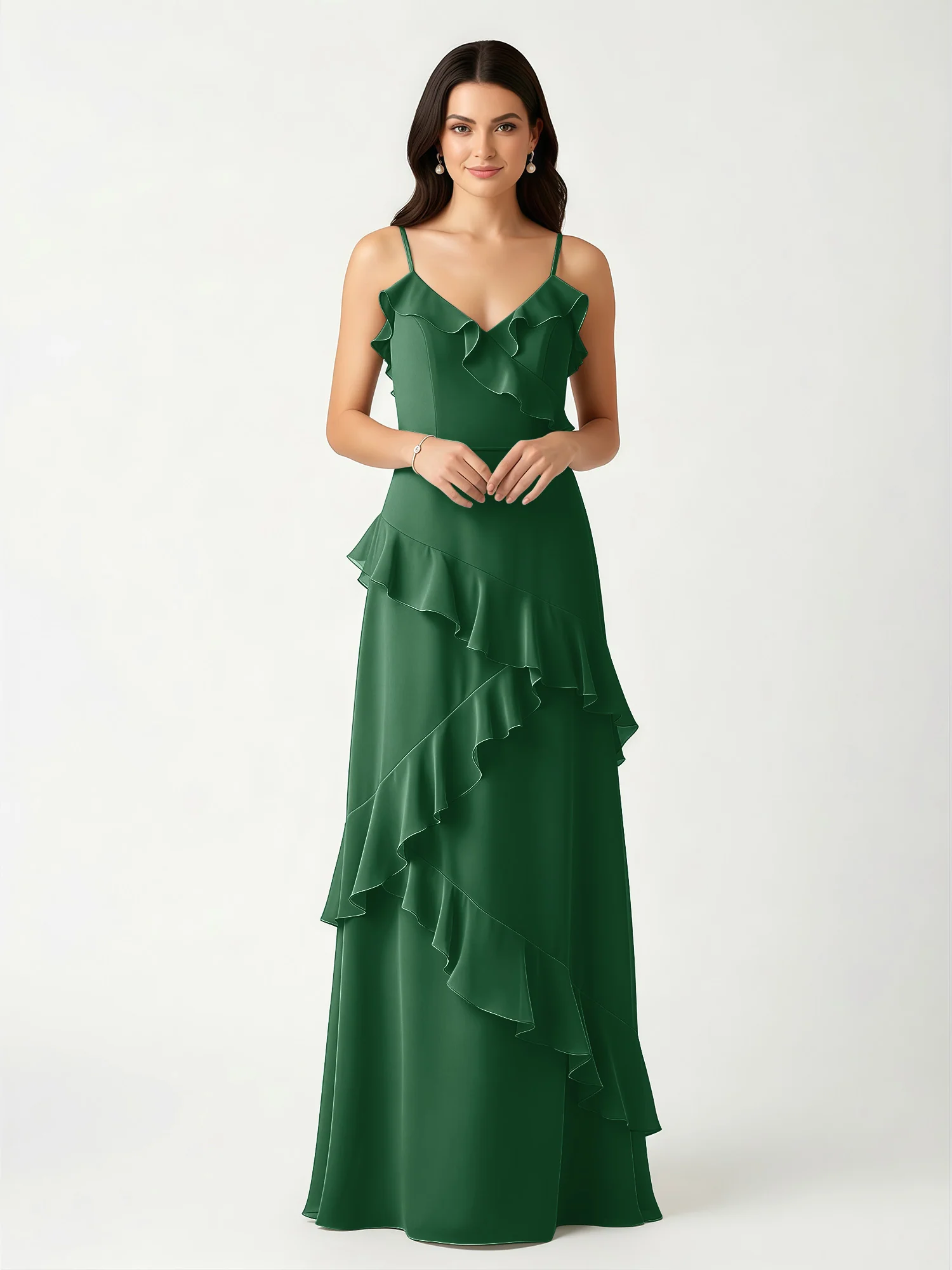 A-Line Chiffon Ruffle Floor Length V-Neck Dresses Dark Green