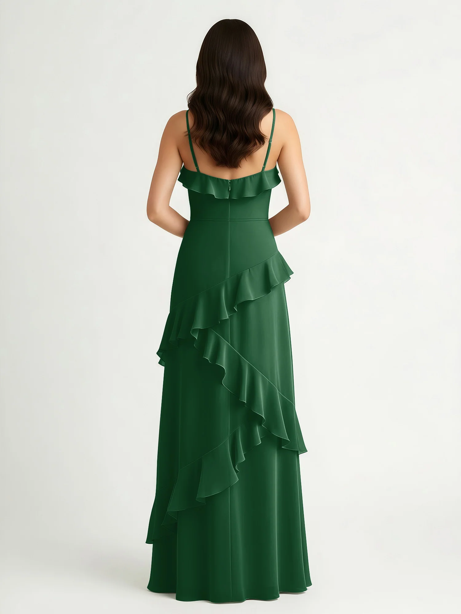 A-Line Chiffon Ruffle Floor Length V-Neck Dresses Dark Green - Image 2