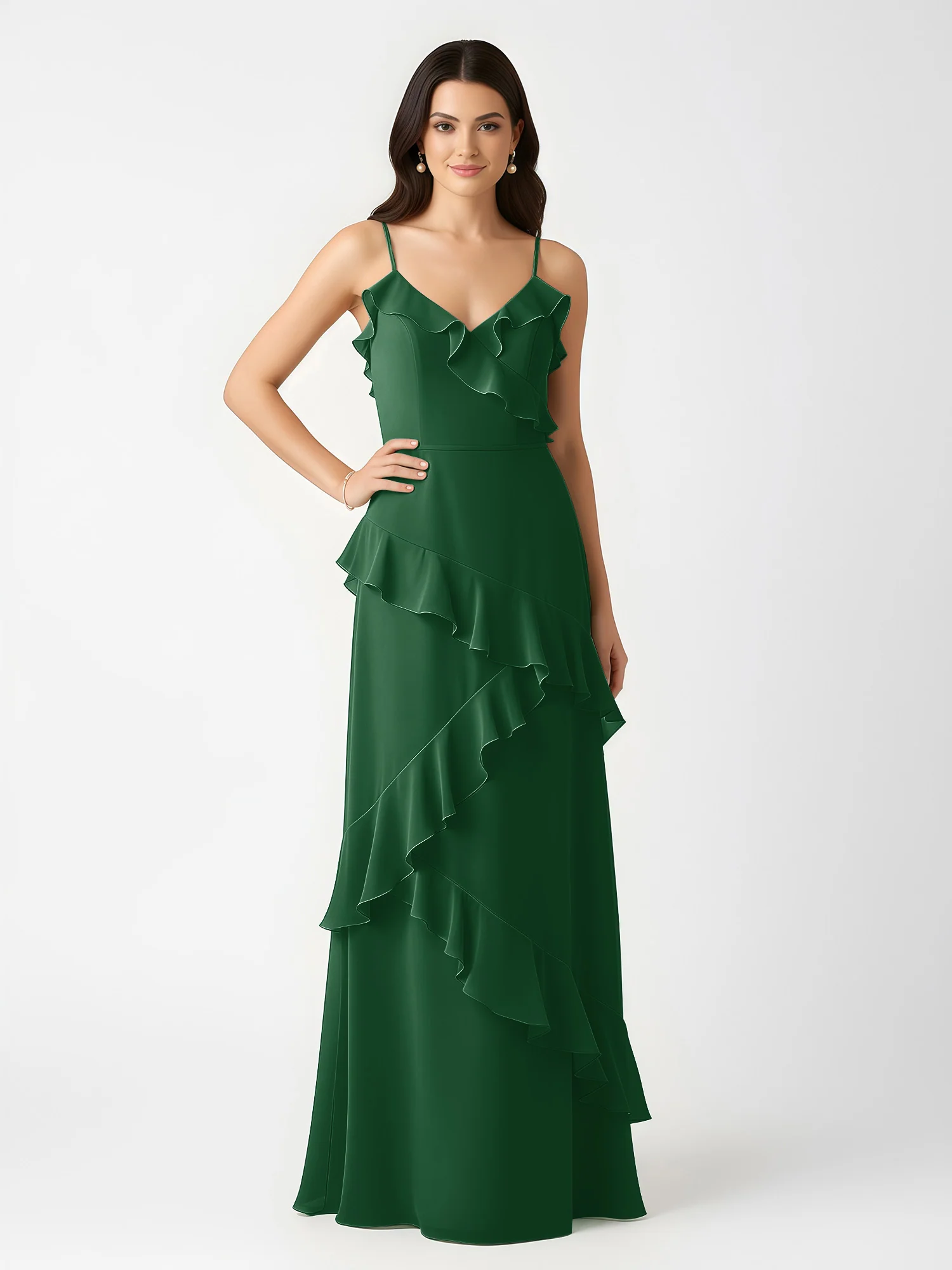 A-Line Chiffon Ruffle Floor Length V-Neck Dresses Dark Green - Image 3