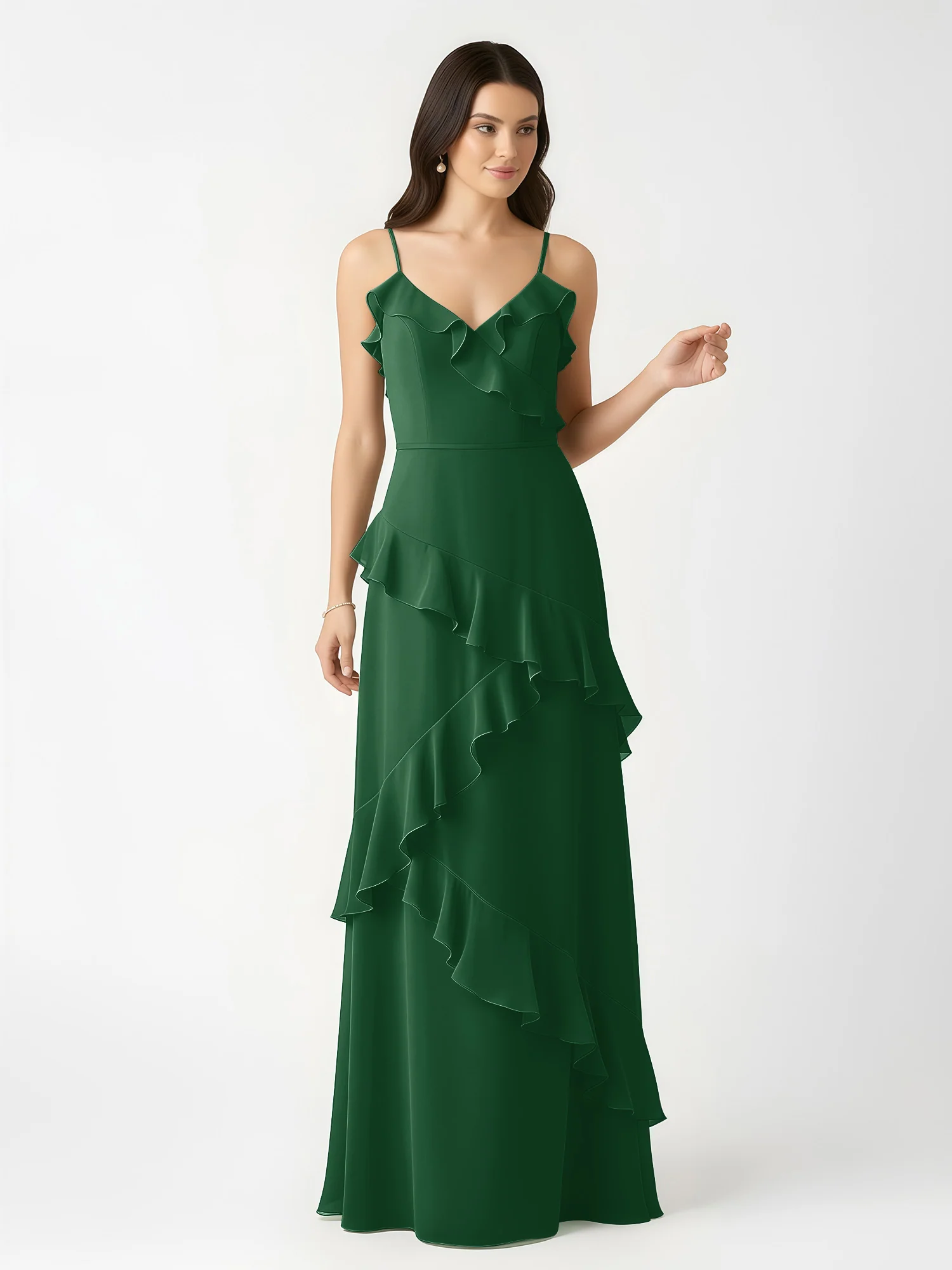 A-Line Chiffon Ruffle Floor Length V-Neck Dresses Dark Green - Image 4