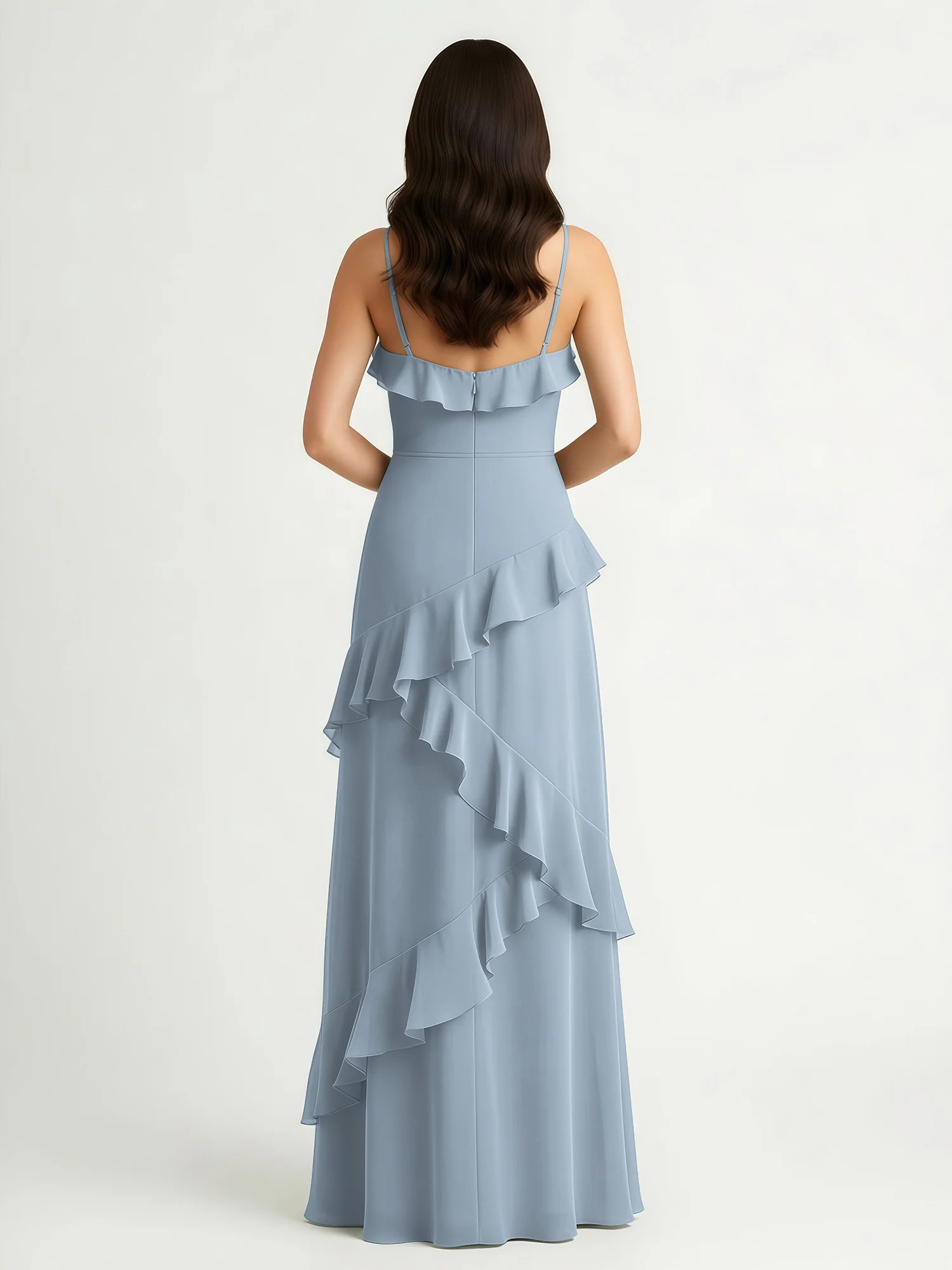A-Line Chiffon Ruffle Floor Length V-Neck Dresses Dusty Blue - Image 2