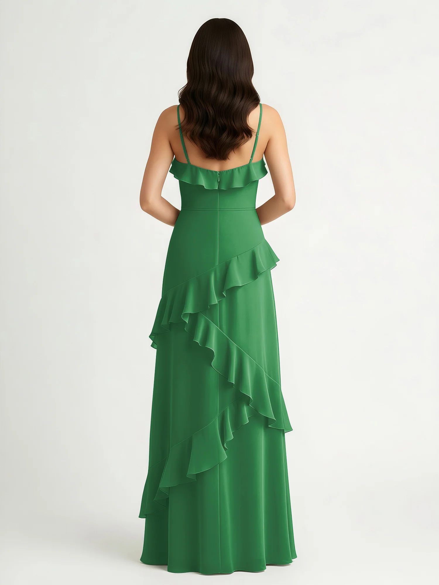 A-Line Chiffon Ruffle Floor Length V-Neck Dresses Emerald - Image 2