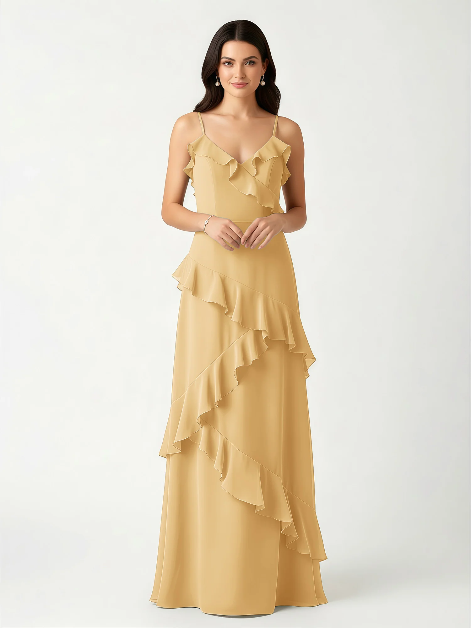A-Line Chiffon Ruffle Floor Length V-Neck Dresses Gold