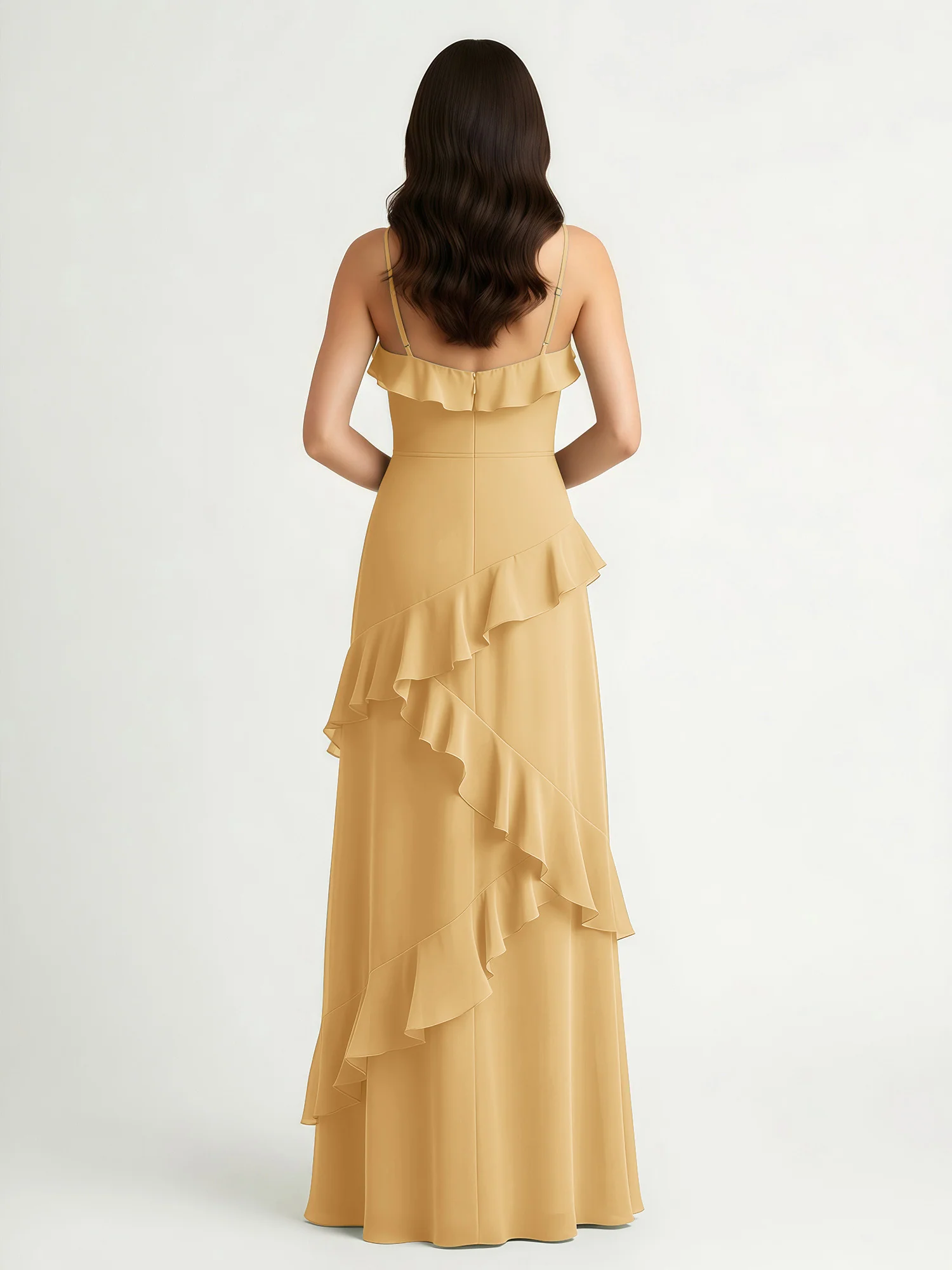 A-Line Chiffon Ruffle Floor Length V-Neck Dresses Gold - Image 2