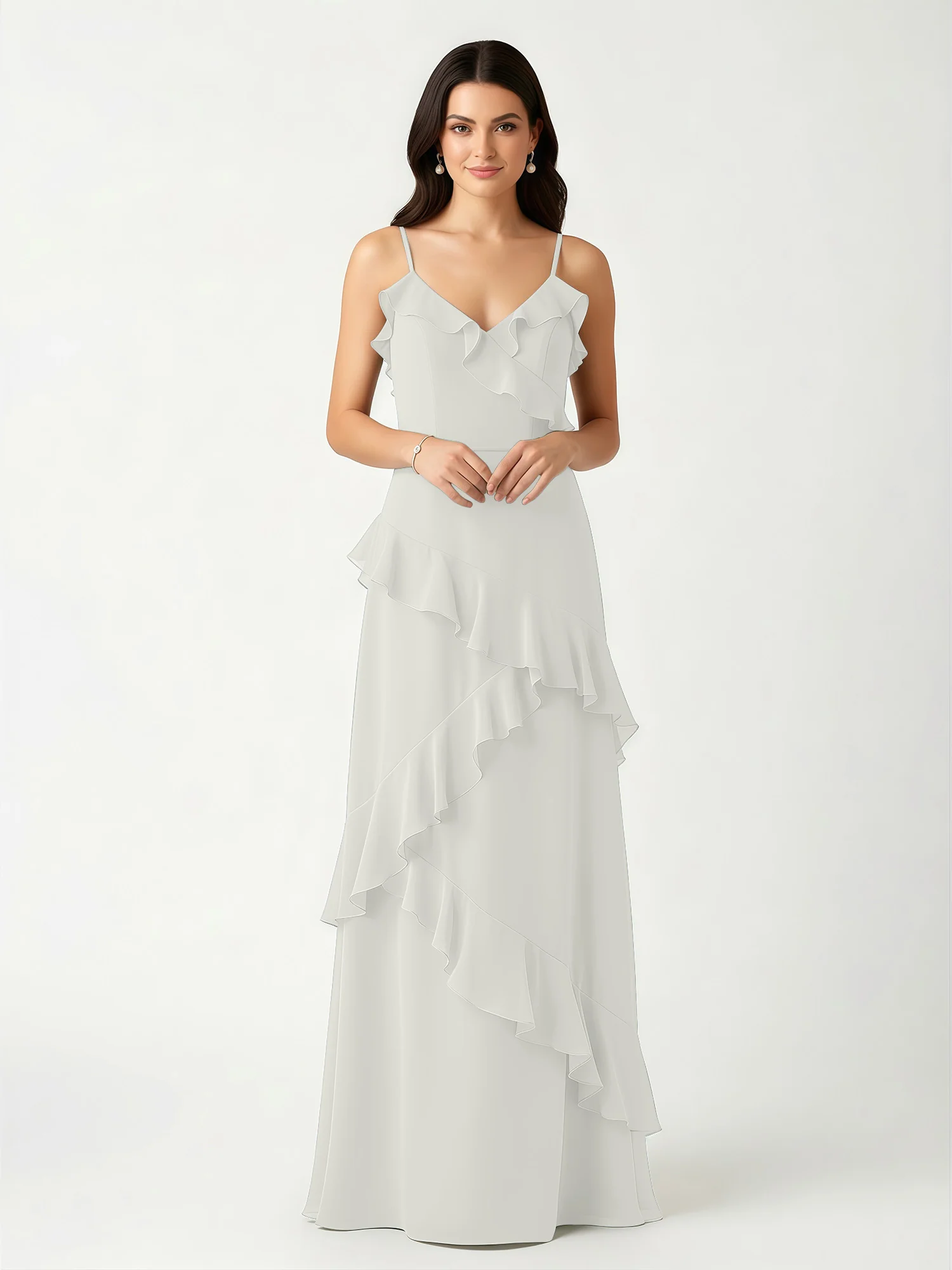 A-Line Chiffon Ruffle Floor Length V-Neck Dresses Ivory