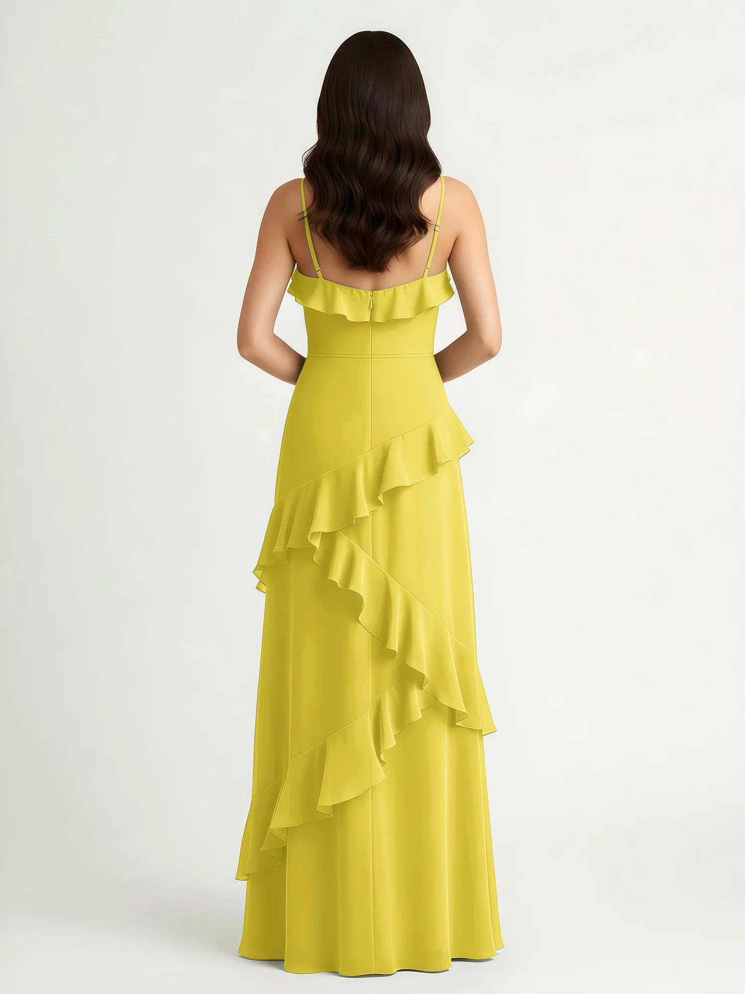 A-Line Chiffon Ruffle Floor Length V-Neck Dresses Lemon - Image 2