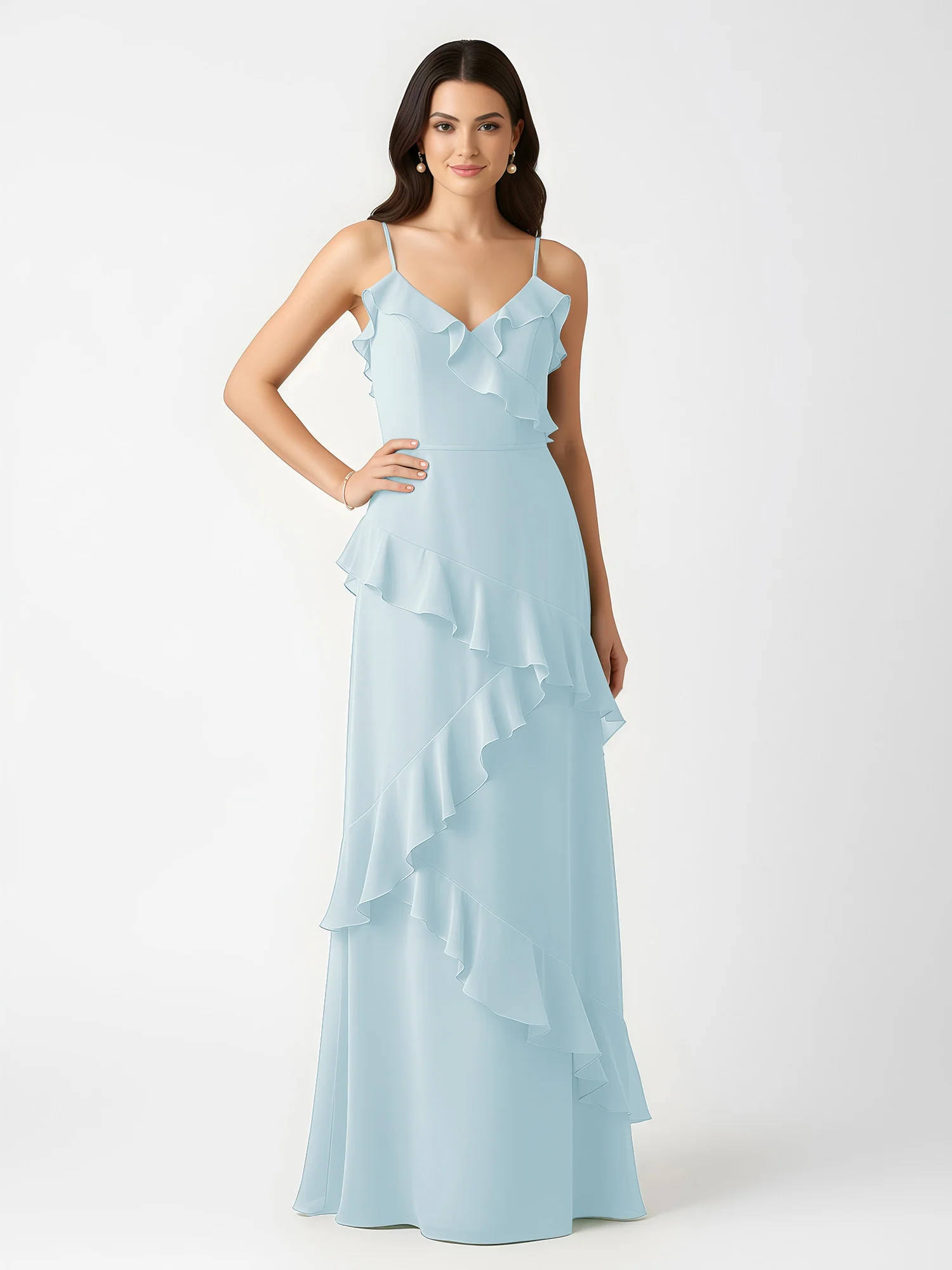 A-Line Chiffon Ruffle Floor Length V-Neck Dresses Mist - Image 3