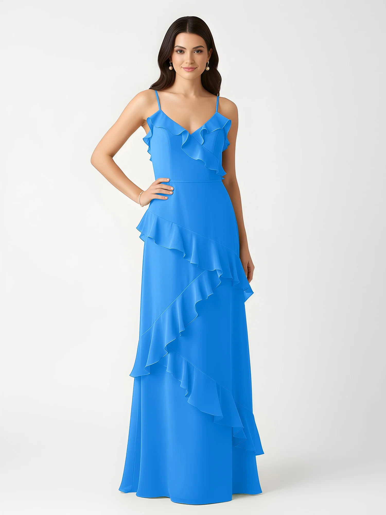 A-Line Chiffon Ruffle Floor Length V-Neck Dresses Ocean Blue - Image 3