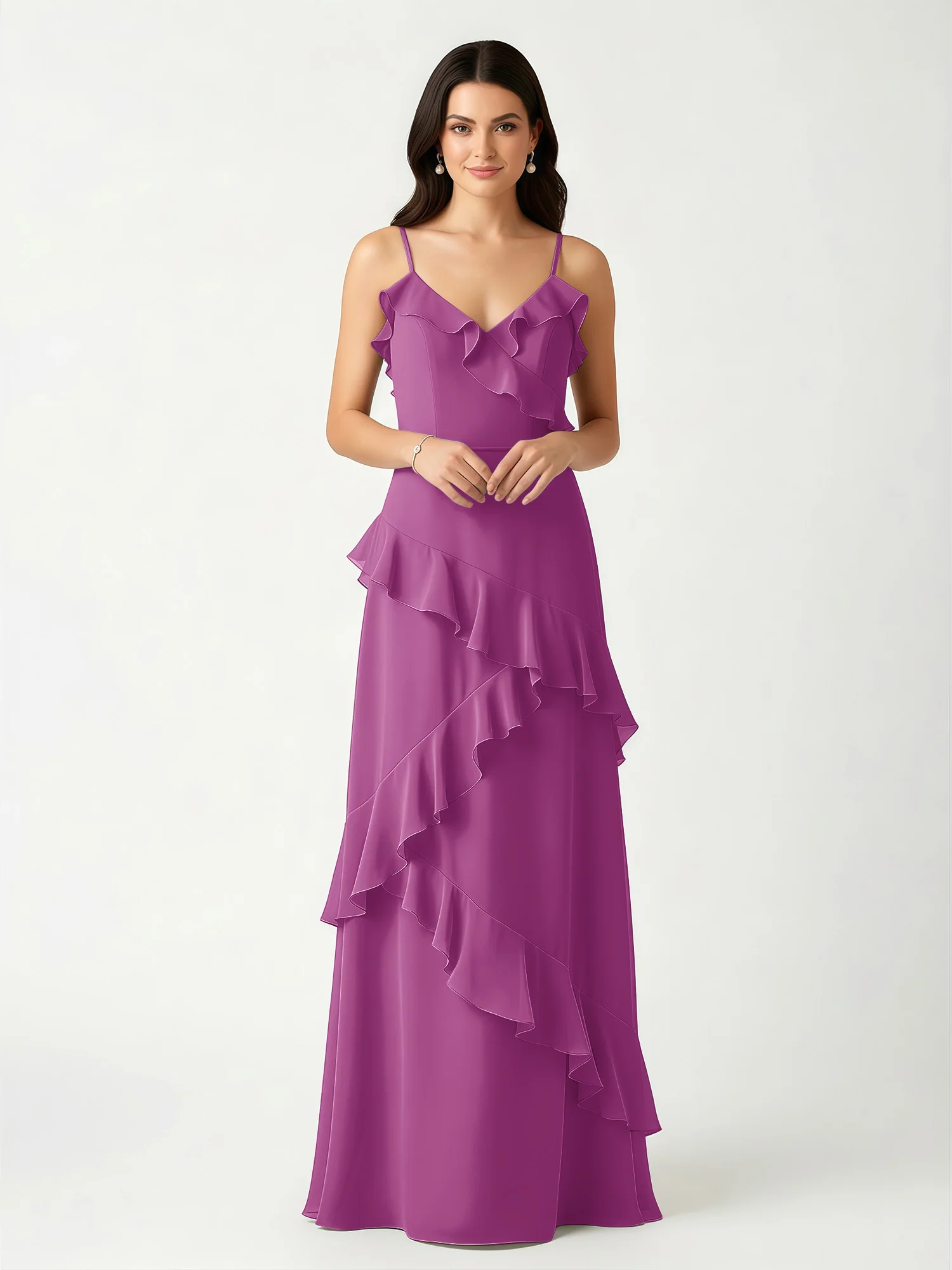A-Line Chiffon Ruffle Floor Length V-Neck Dresses Orchid