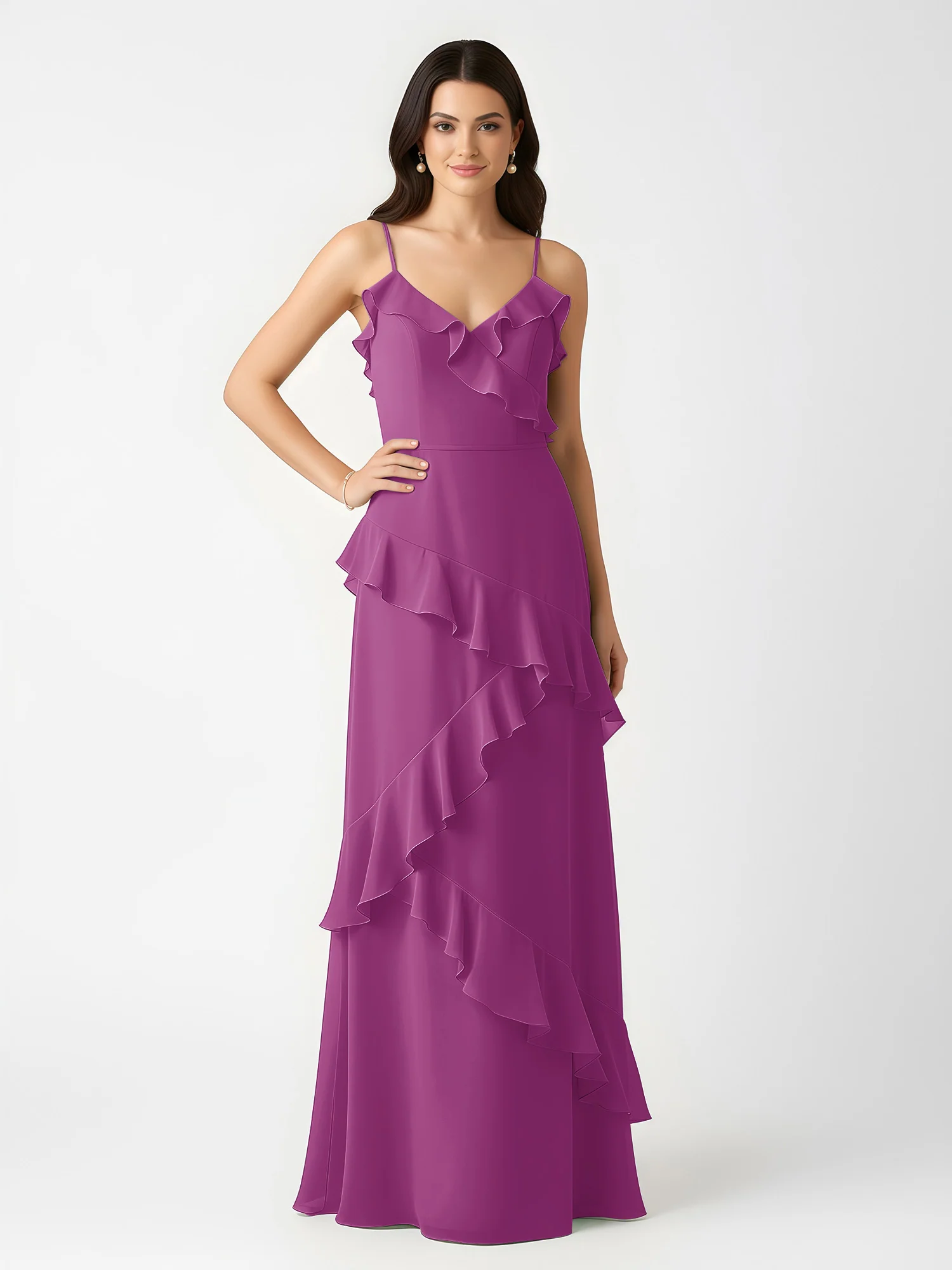 A-Line Chiffon Ruffle Floor Length V-Neck Dresses Orchid - Image 3