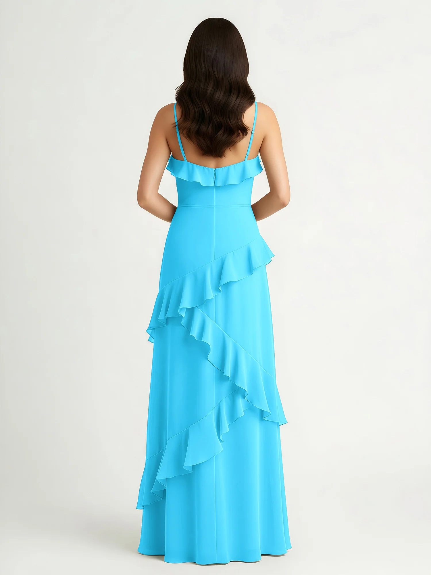 A-Line Chiffon Ruffle Floor Length V-Neck Dresses Pool - Image 2