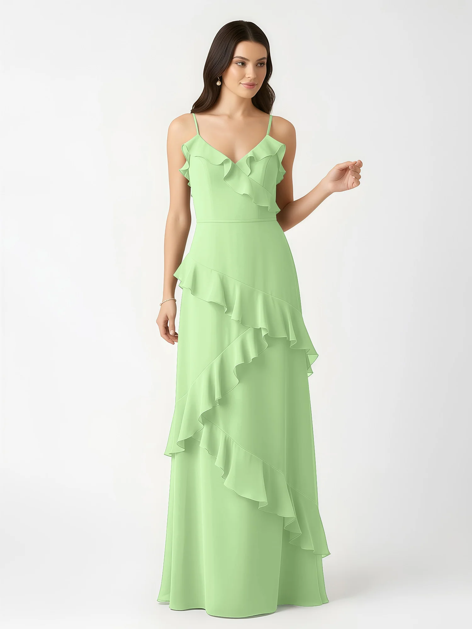 A-Line Chiffon Ruffle Floor Length V-Neck Dresses Sage - Image 4