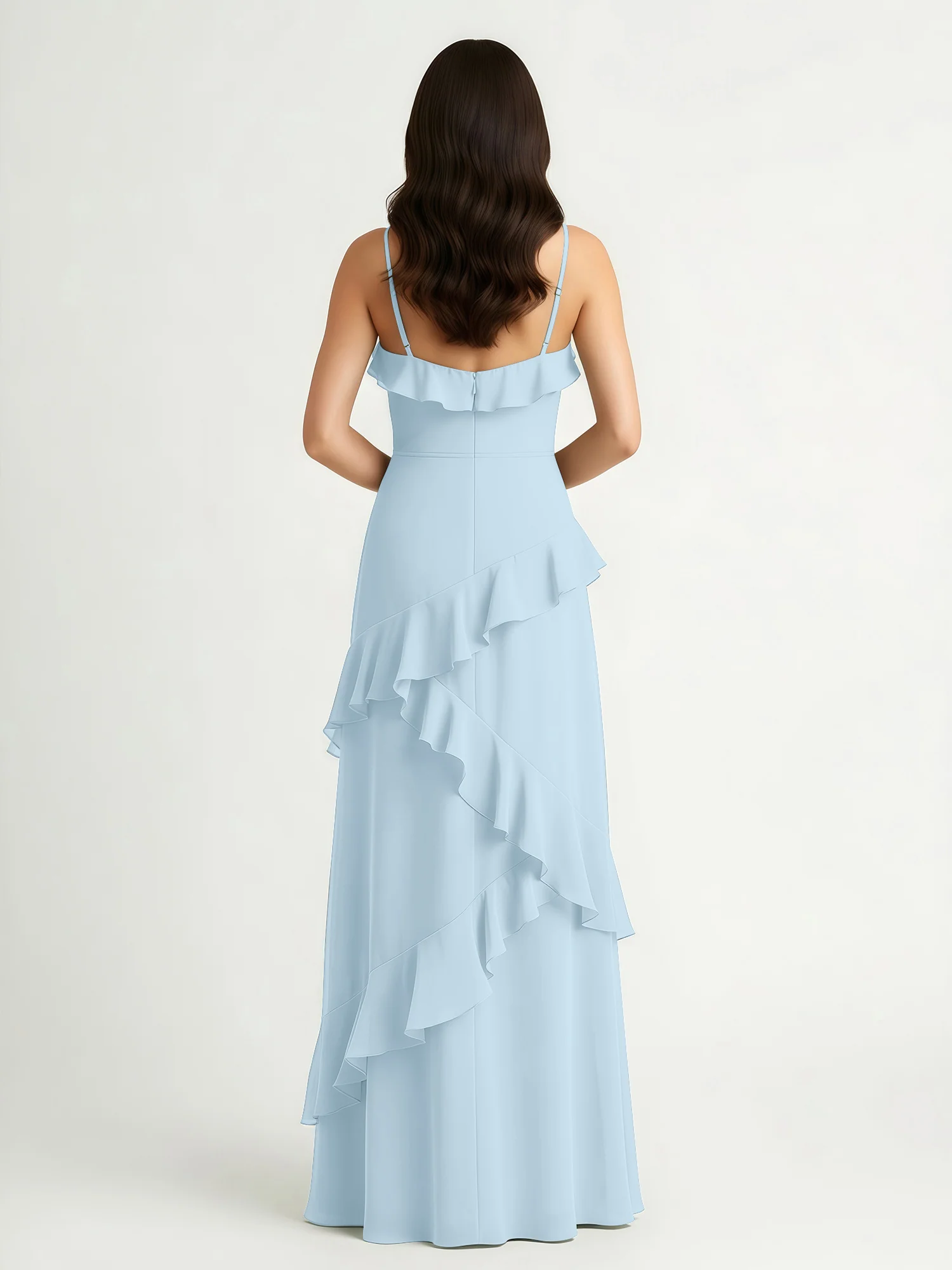 A-Line Chiffon Ruffle Floor Length V-Neck Dresses Sky Blue - Image 2