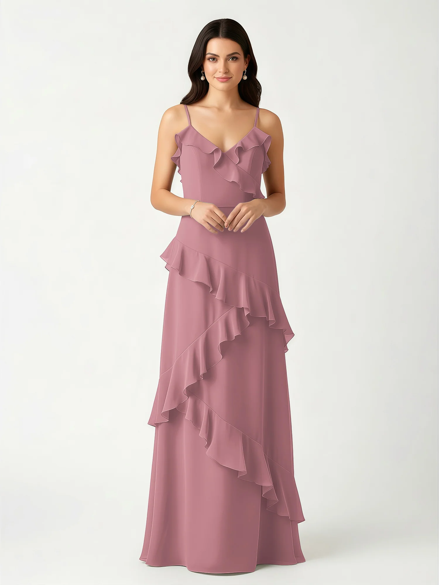 A-Line Chiffon Ruffle Floor Length V-Neck Dresses Vintage Mauve