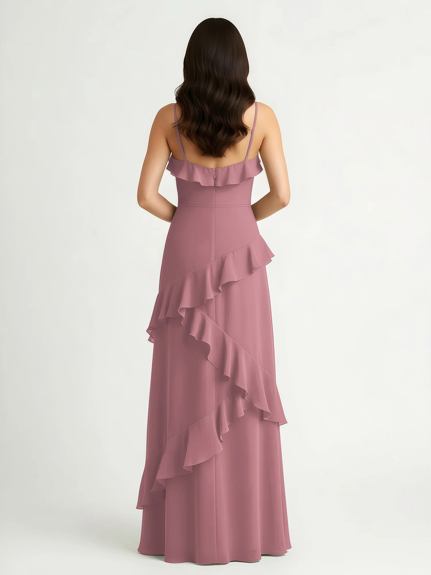 A-Line Chiffon Ruffle Floor Length V-Neck Dresses Vintage Mauve - Image 2