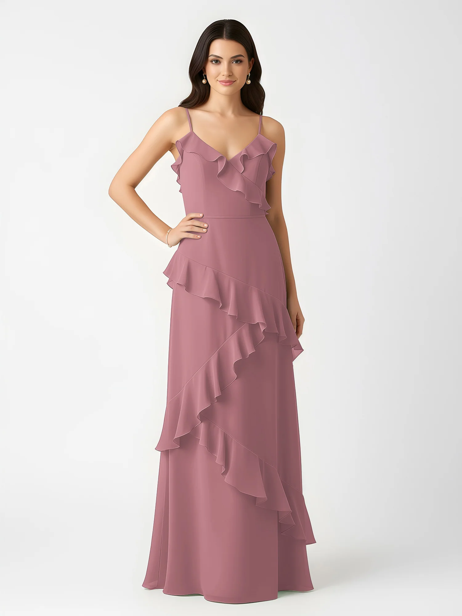 A-Line Chiffon Ruffle Floor Length V-Neck Dresses Vintage Mauve - Image 3