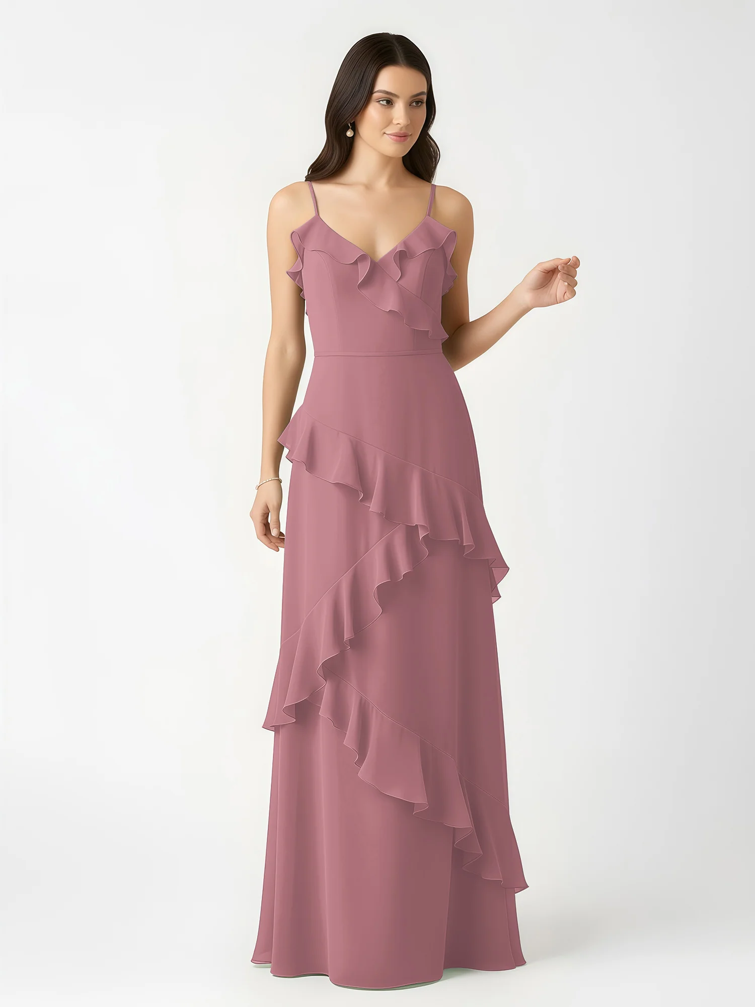A-Line Chiffon Ruffle Floor Length V-Neck Dresses Vintage Mauve - Image 4
