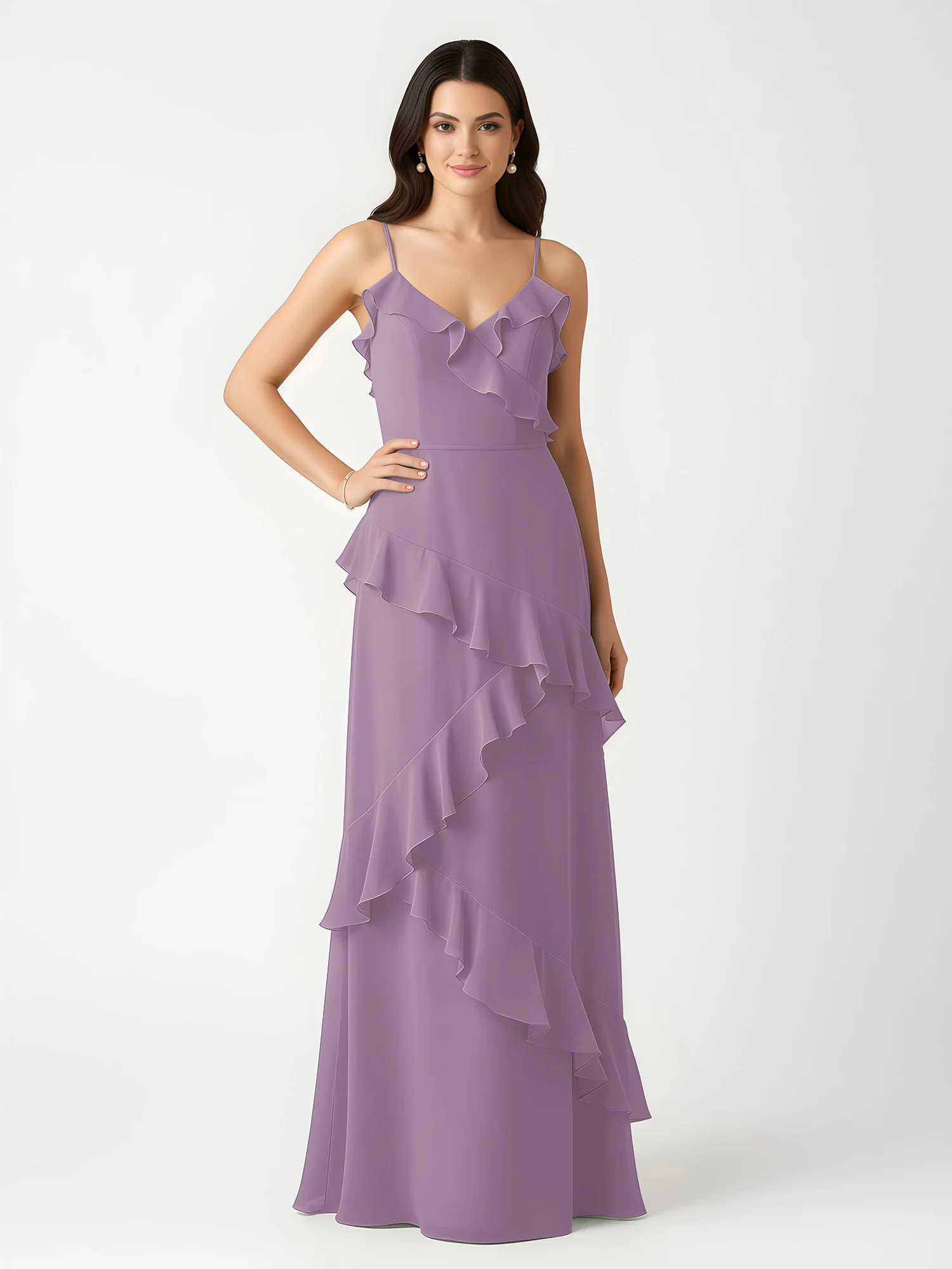 A-Line Chiffon Ruffle Floor Length V-Neck Dresses Wisteria - Image 3