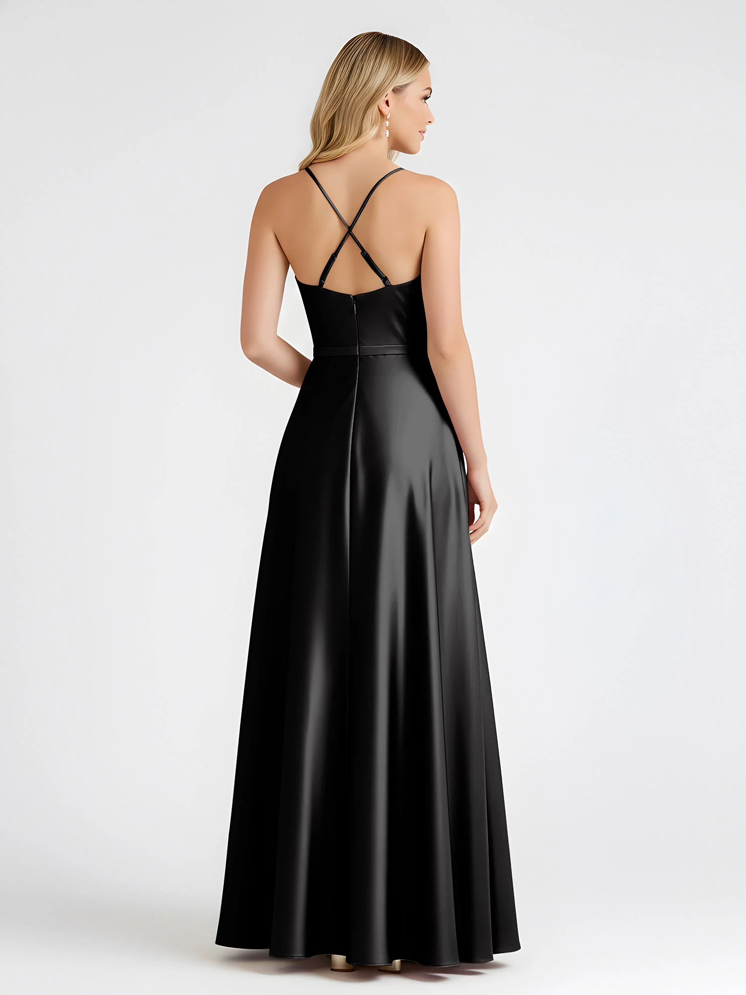 A-Line Satin Floor Length Cowl Neck Ruched Dresses Black - Image 2
