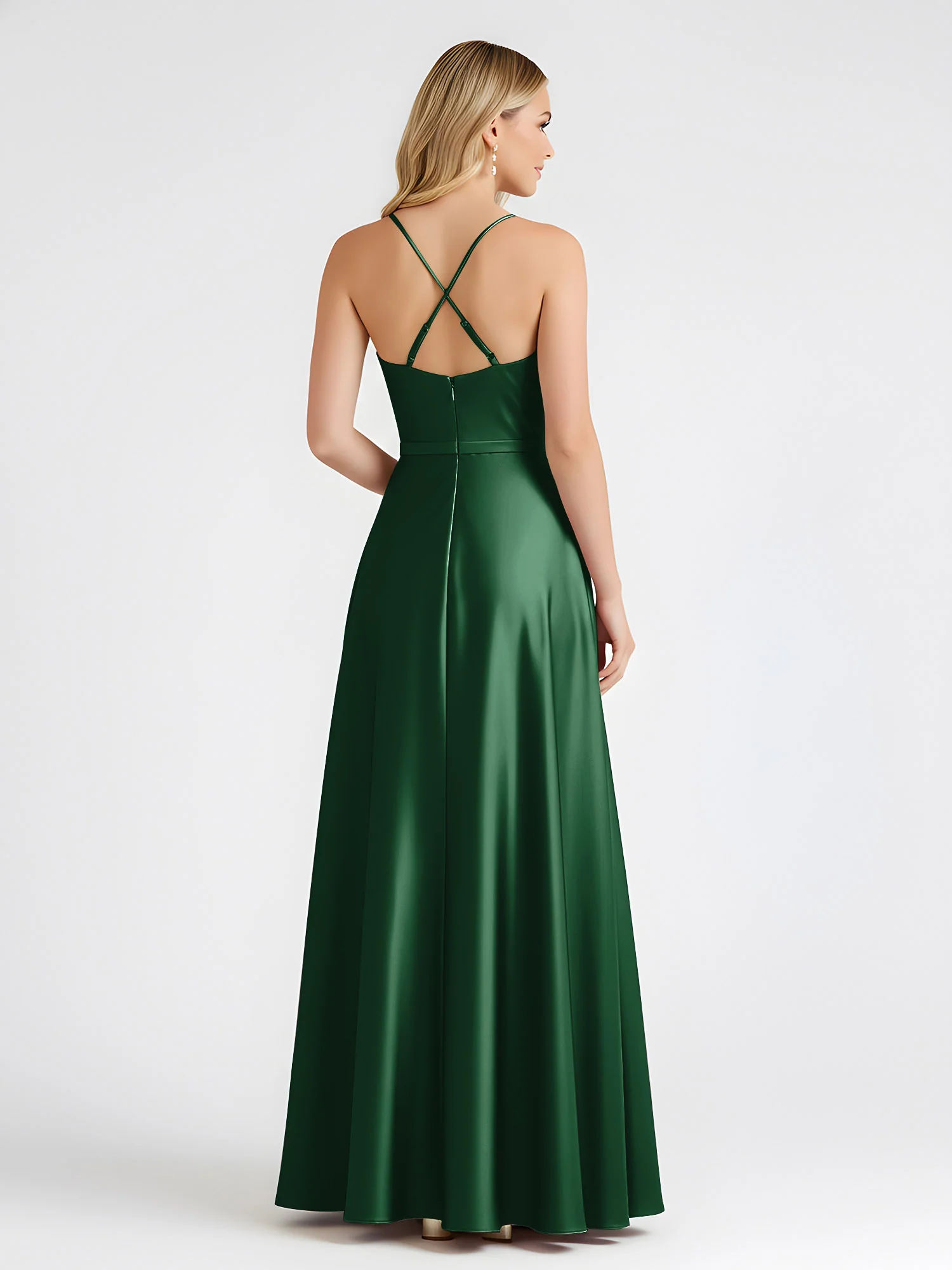 A-Line Satin Floor Length Cowl Neck Ruched Dresses Dark Green - Image 2