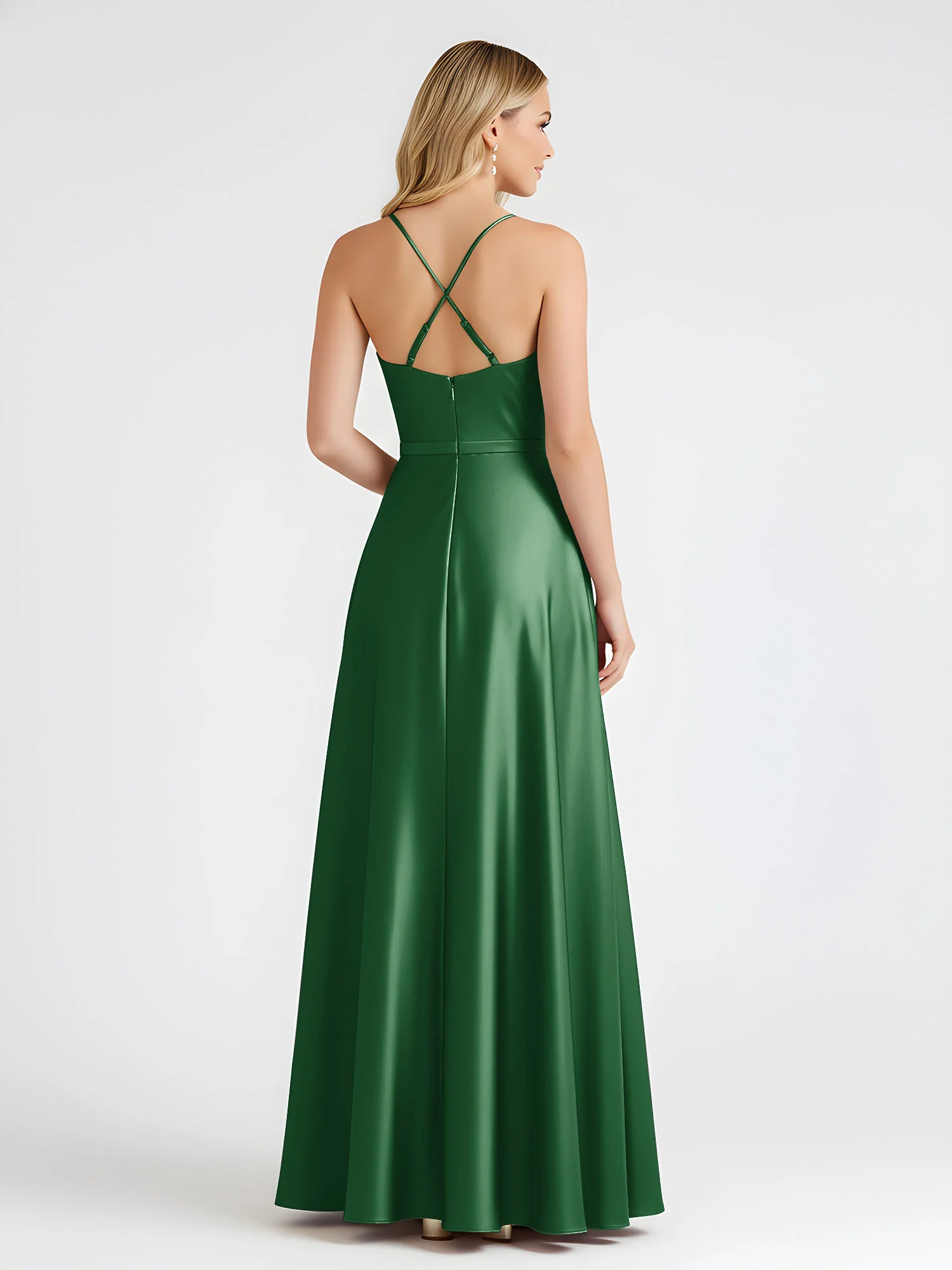 A-Line Satin Floor Length Cowl Neck Ruched Dresses Emerald - Image 2
