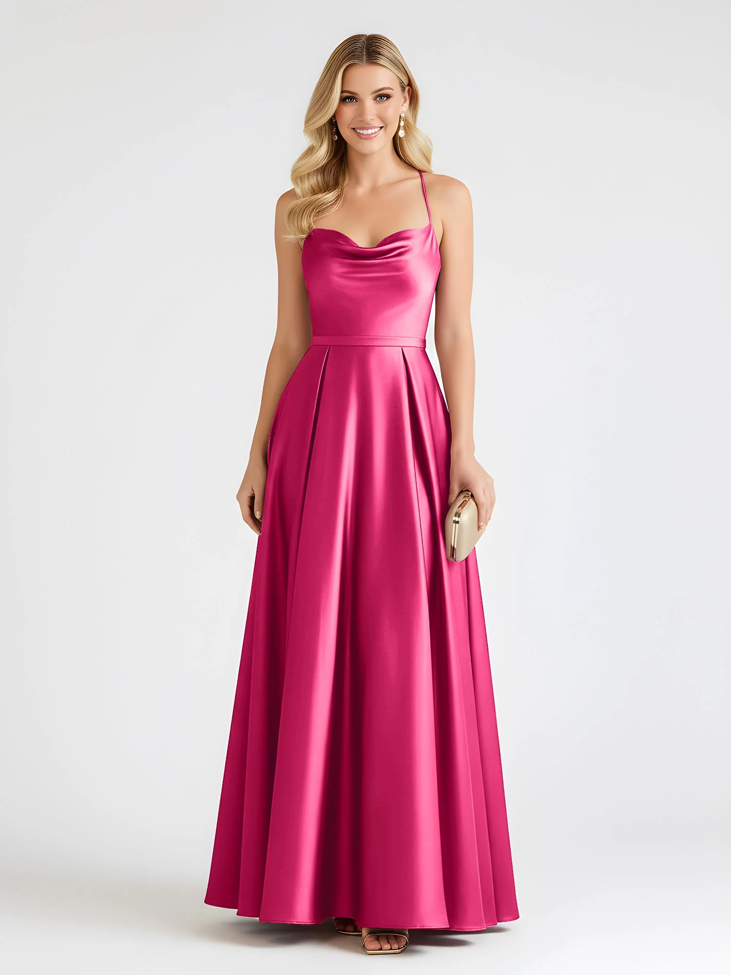 A-Line Satin Floor Length Cowl Neck Ruched Dresses Fuchsia
