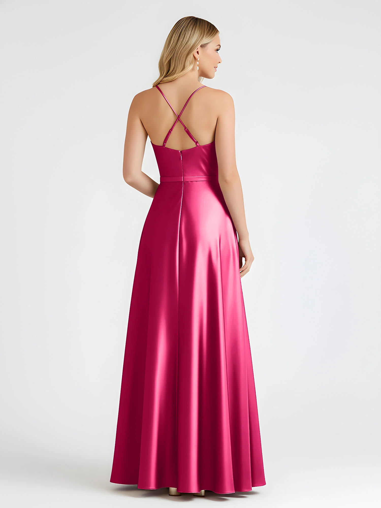 A-Line Satin Floor Length Cowl Neck Ruched Dresses Fuchsia - Image 2