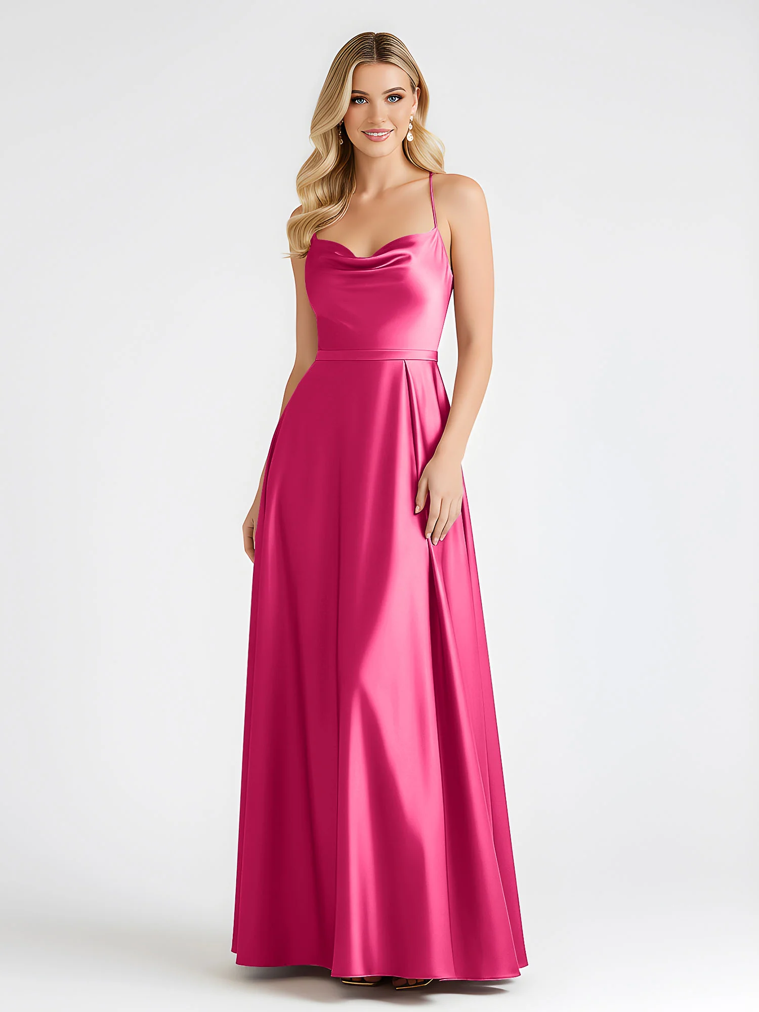 A-Line Satin Floor Length Cowl Neck Ruched Dresses Fuchsia - Image 3