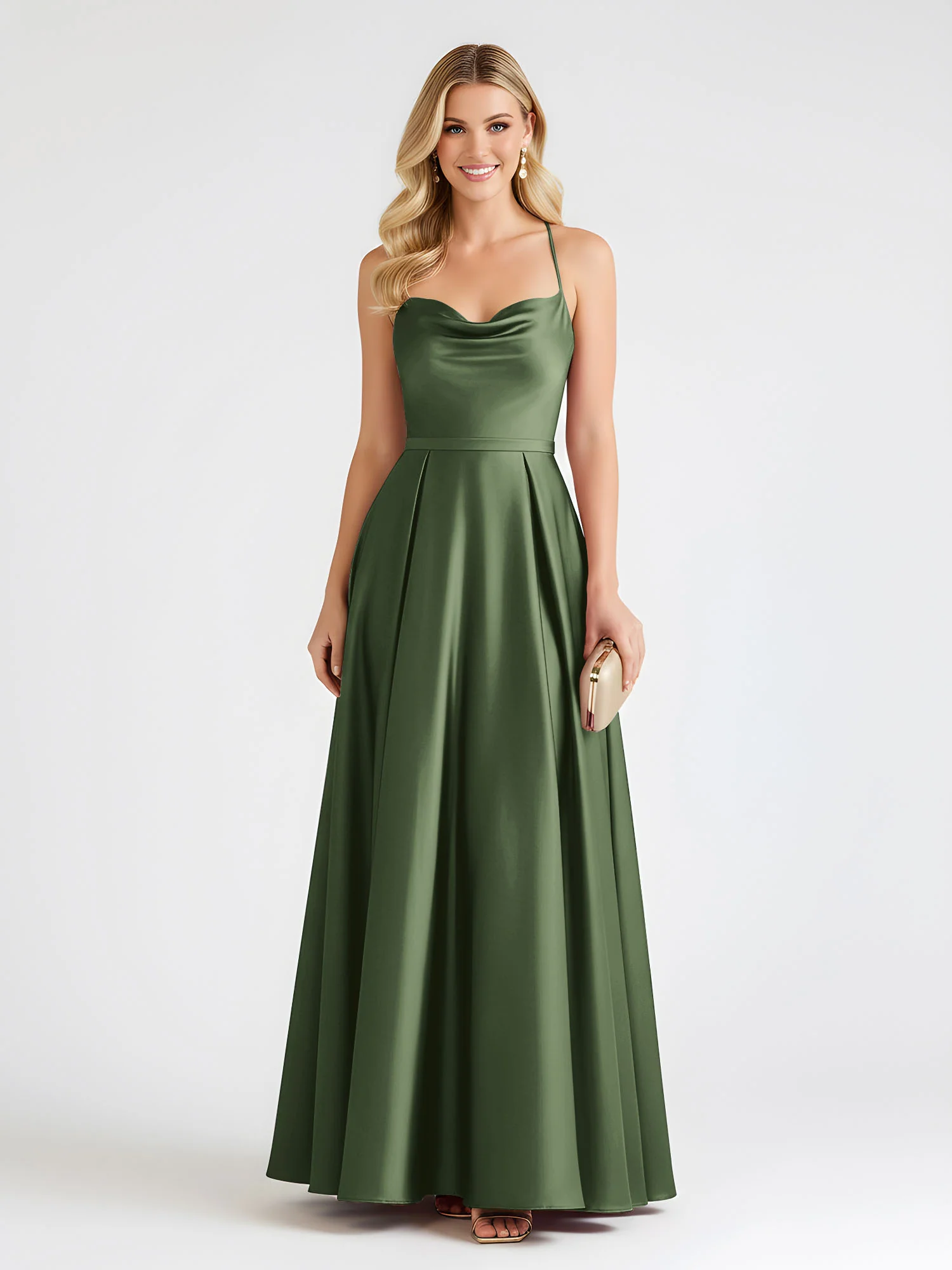 A-Line Satin Floor Length Cowl Neck Ruched Dresses Olive Green