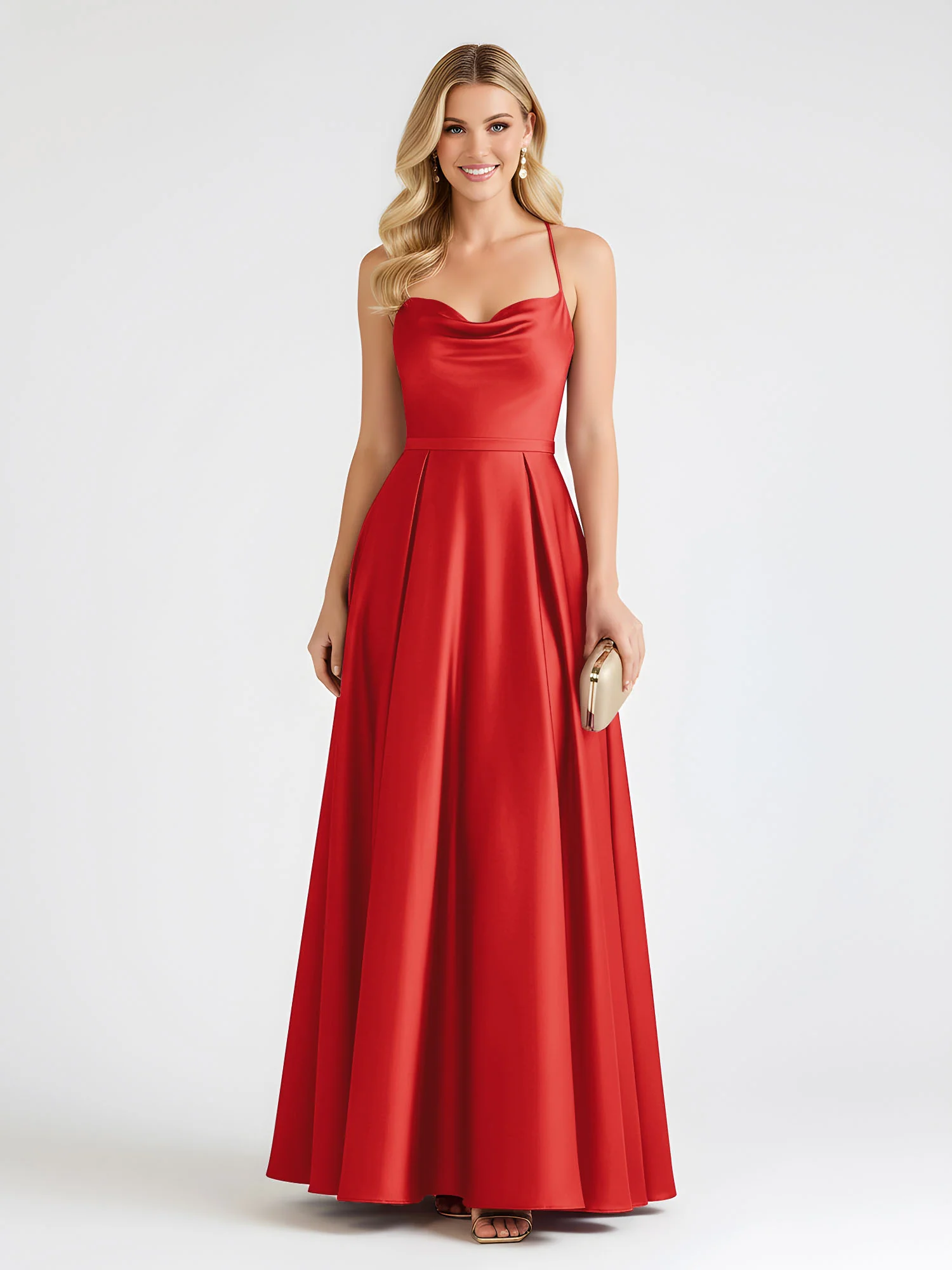 A-Line Satin Floor Length Cowl Neck Ruched Dresses Red