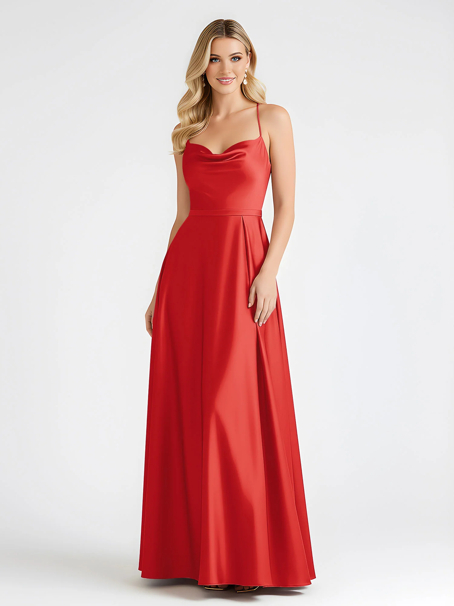 A-Line Satin Floor Length Cowl Neck Ruched Dresses Red - Image 3